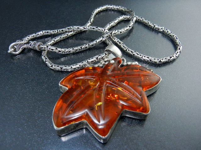 Baltic Amber Leaf Sterling Silver Pendant Large