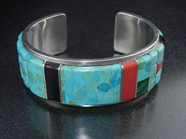 Native American Sterling Silver Turquoise Coral Onyx Cu