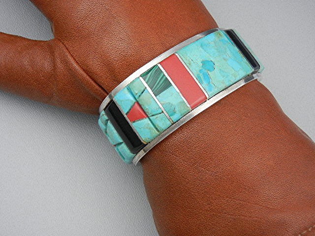 Native American Sterling Silver Turquoise Coral Onyx Cu