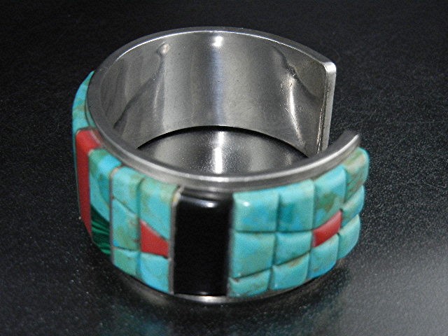 Native American Sterling Silver Turquoise Coral Onyx Cu
