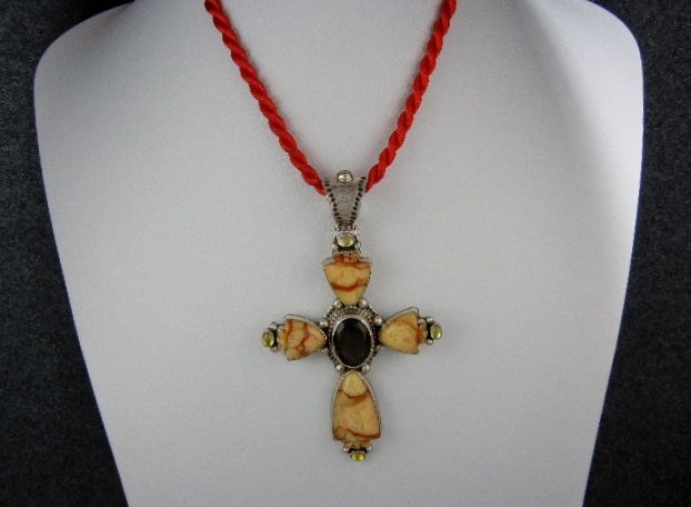 Davis Troutman Blonde Coral Sterling Silver Gems Cross