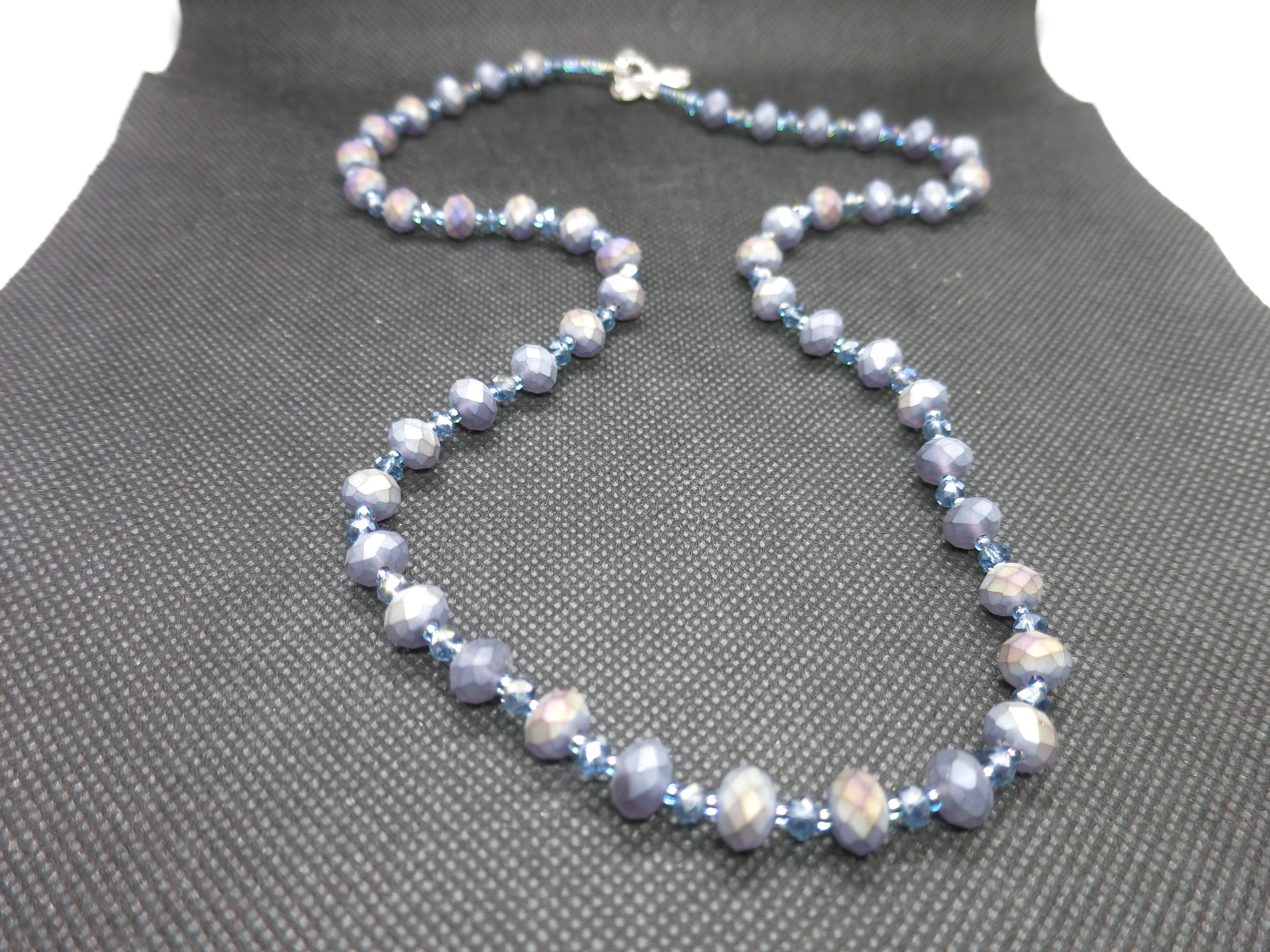Crystal beaded necklace blue purple iridescent beveled dragonfly