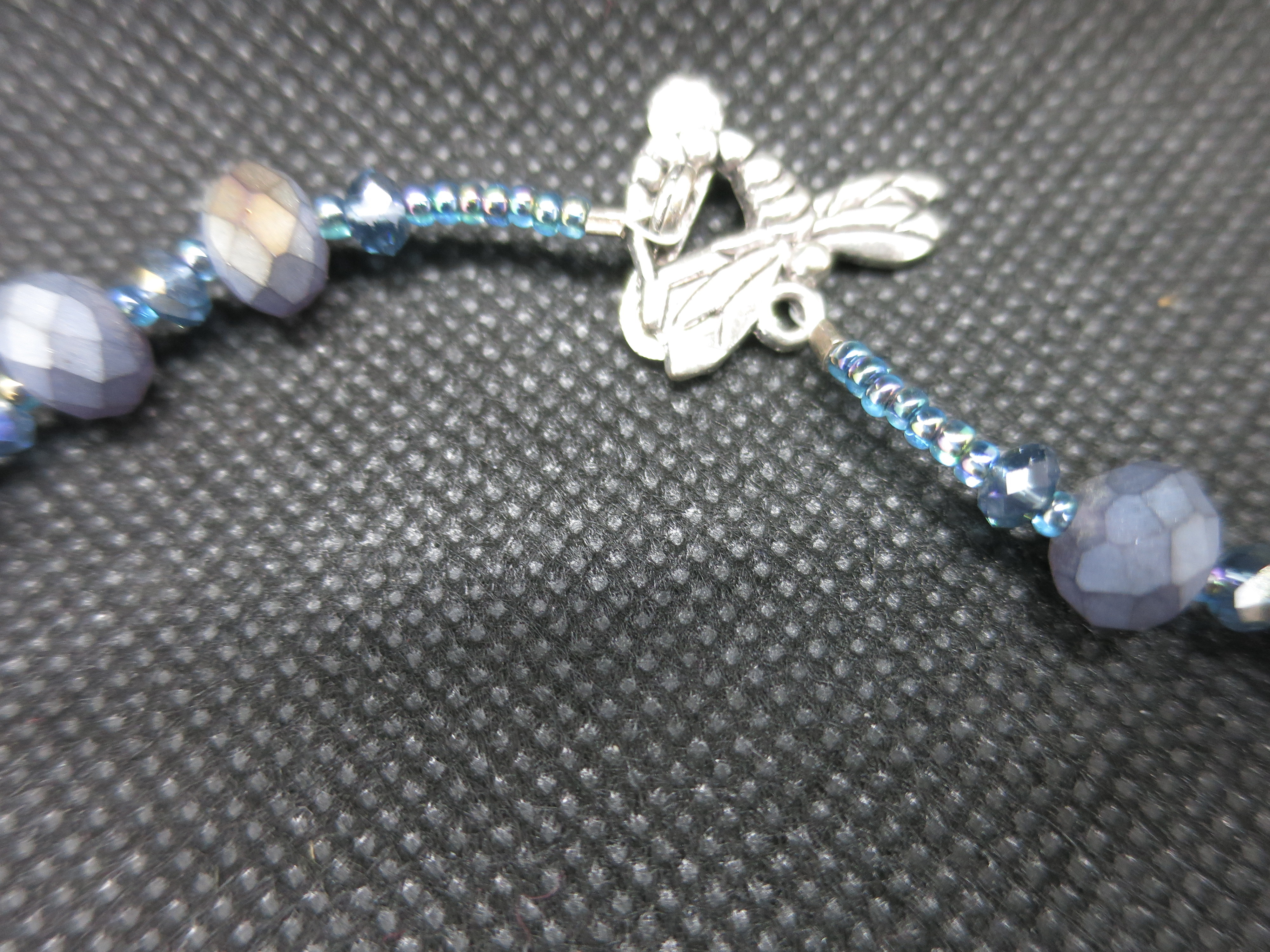 Crystal beaded necklace blue purple iridescent beveled dragonfly