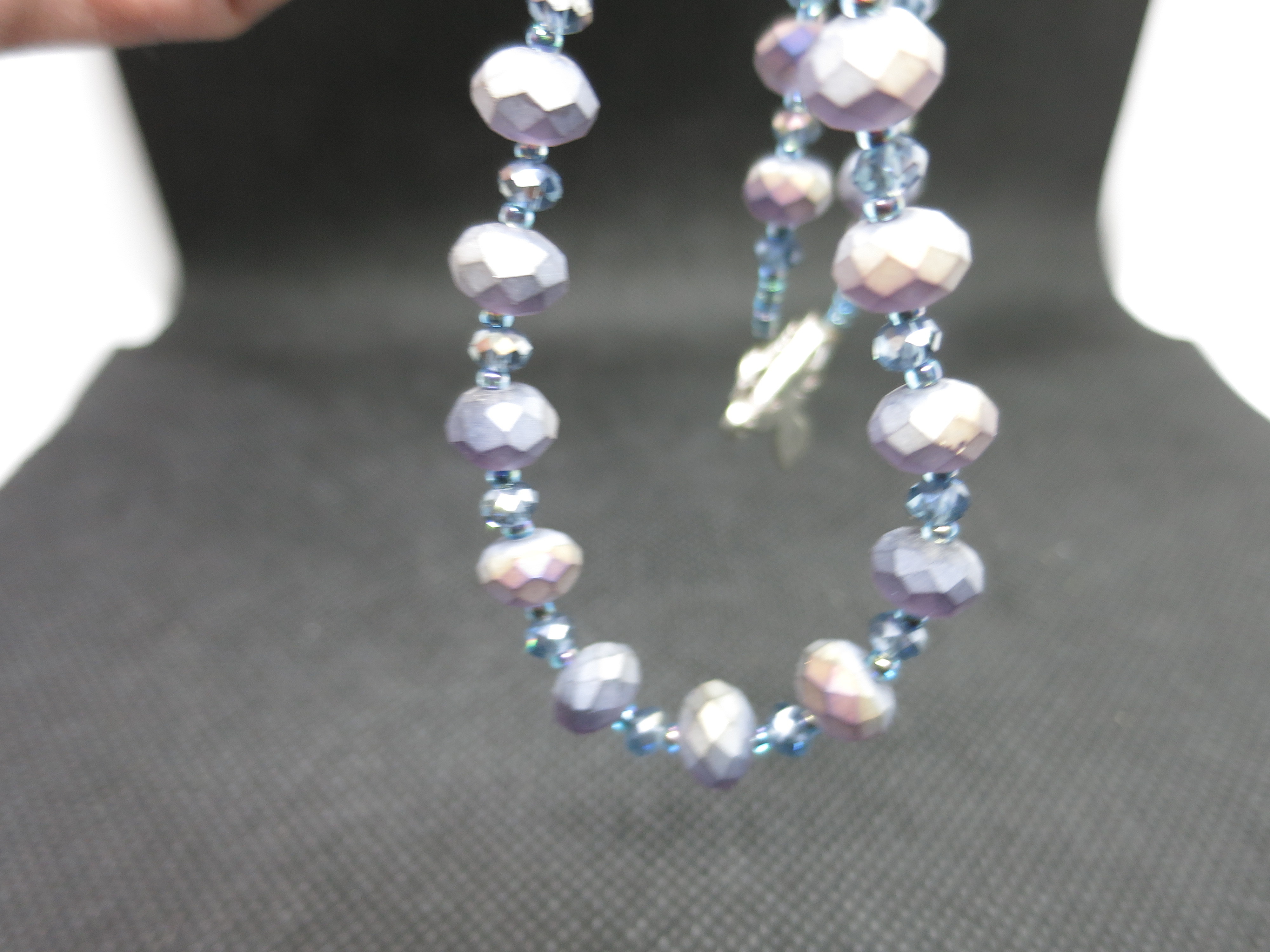 Crystal beaded necklace blue purple iridescent beveled dragonfly