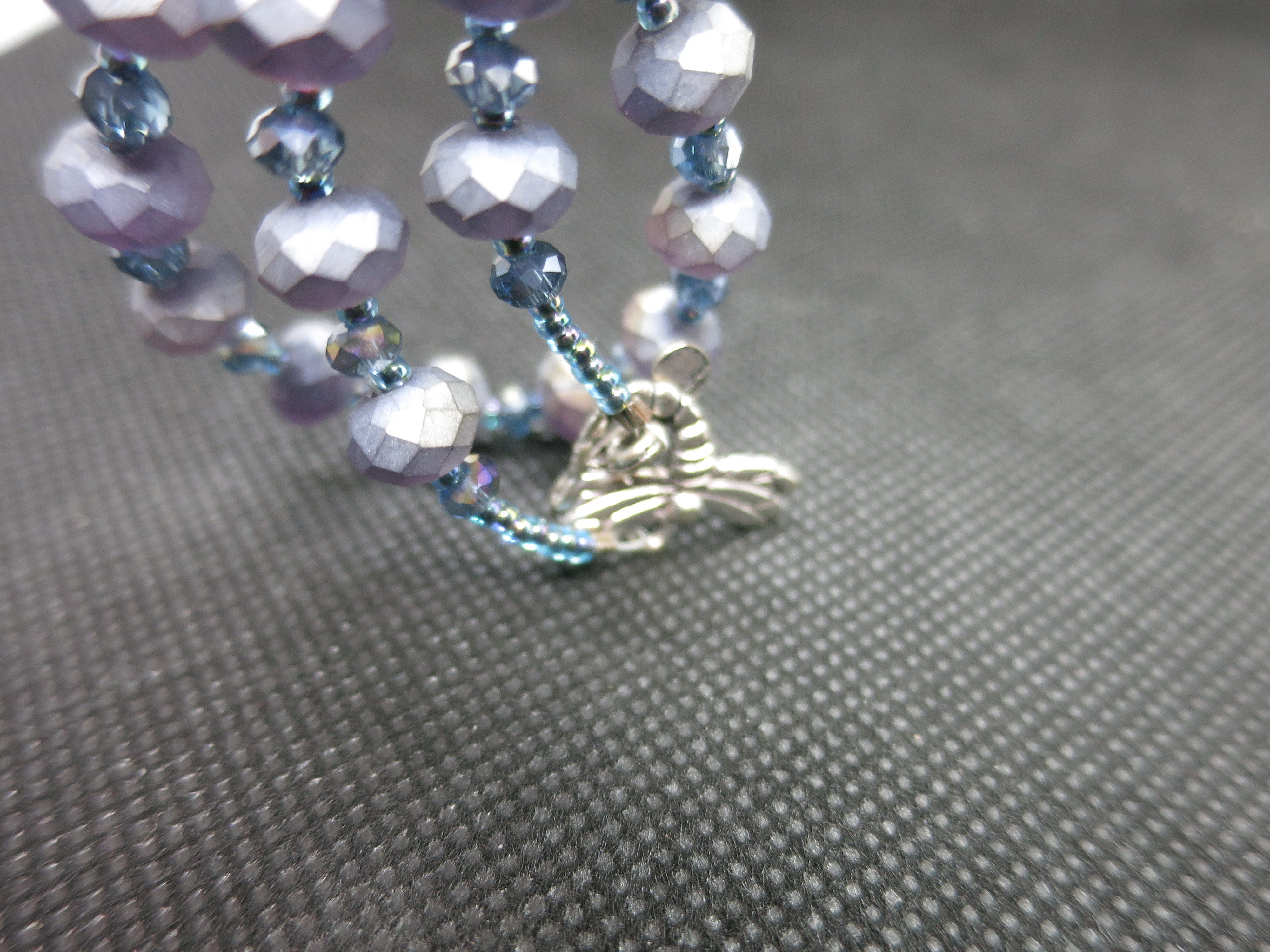 Crystal beaded necklace blue purple iridescent beveled dragonfly