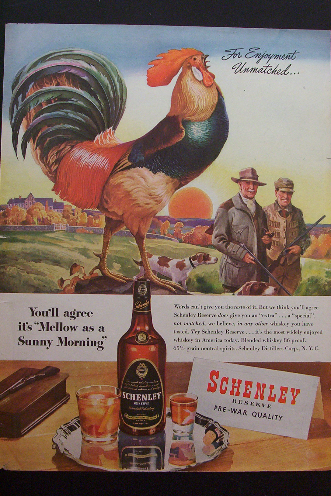 1945 Schenley Whiskey with Rooster Crowing On Fence
