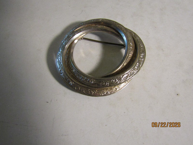 Vintage Engraved Triple Interlocking Circle Brooch, Gold and Silver Tone Scrollwork Pin