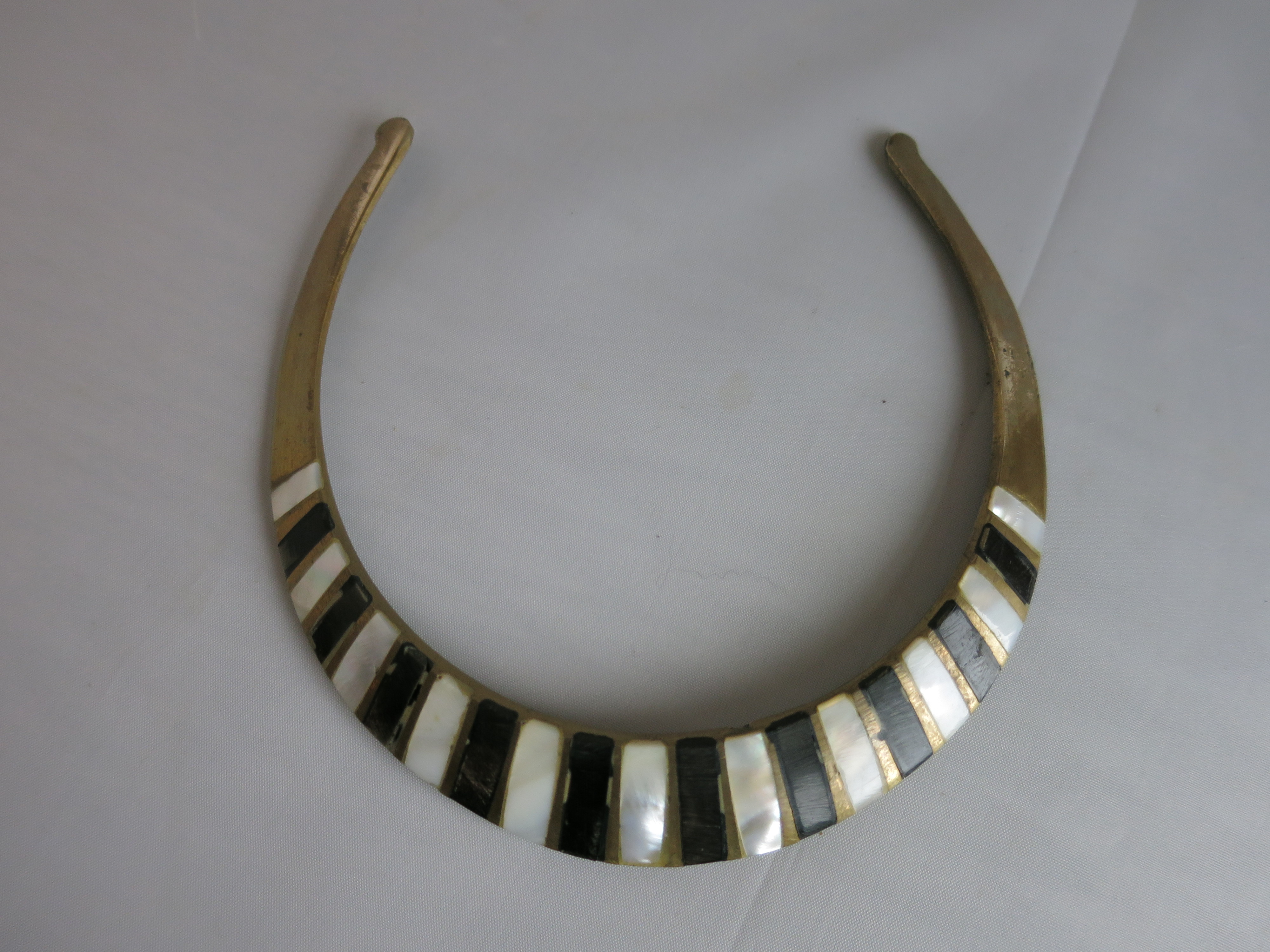 Brass Choker Necklace Mother of Pearl Onyx Inlaid India