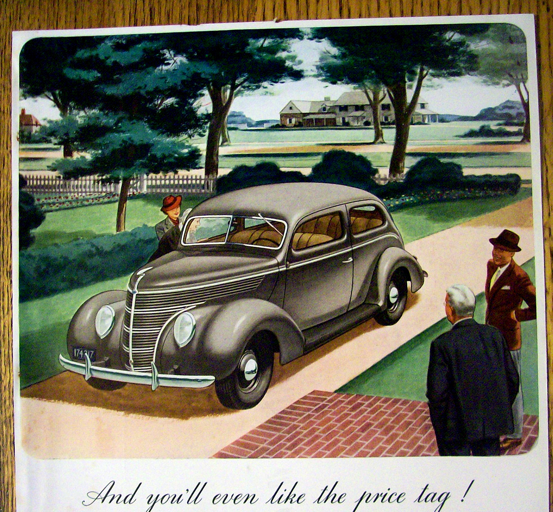 1938 Ford V-8 with Woman Looking at Car