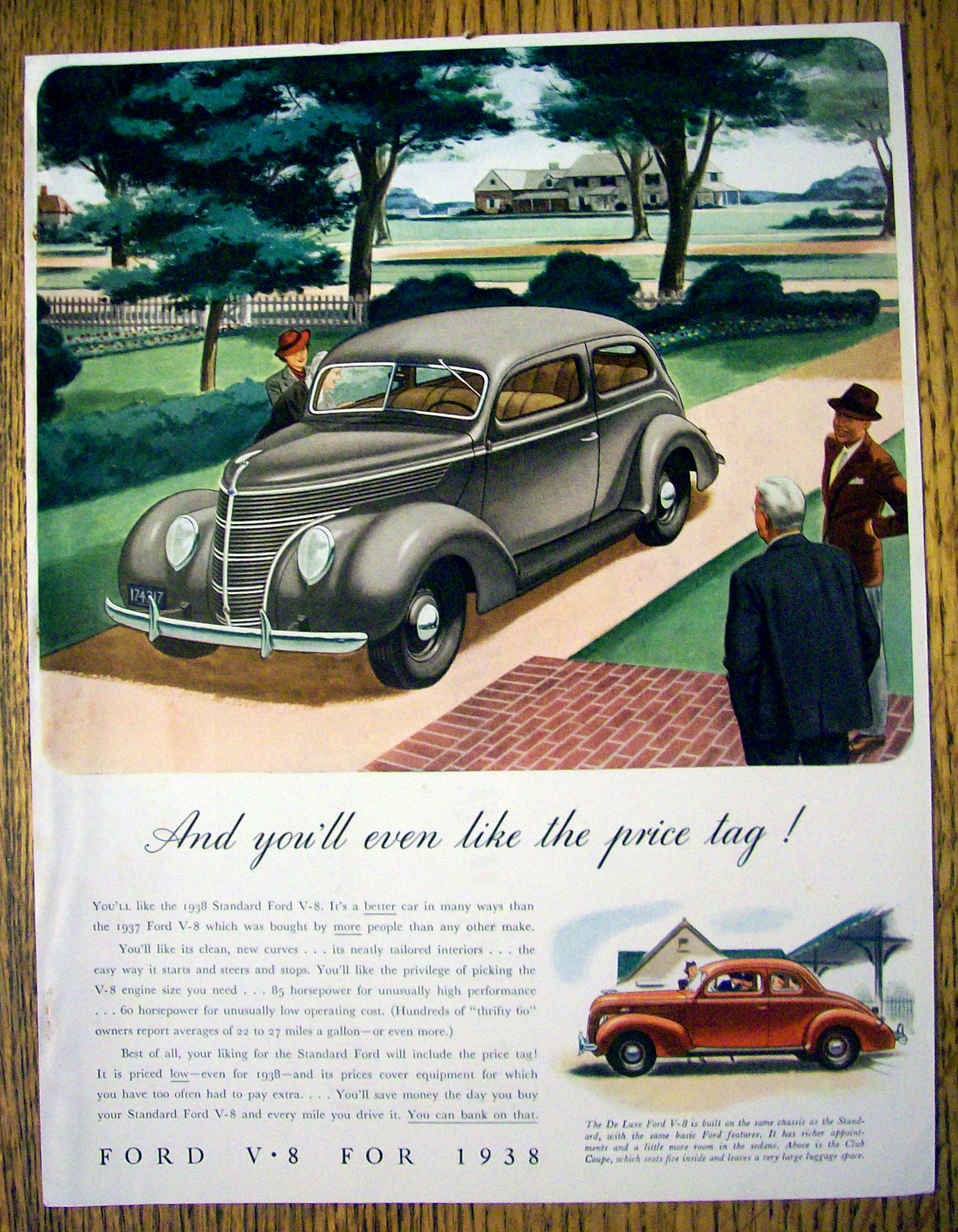 1938 Ford V-8 with Woman Looking at Car