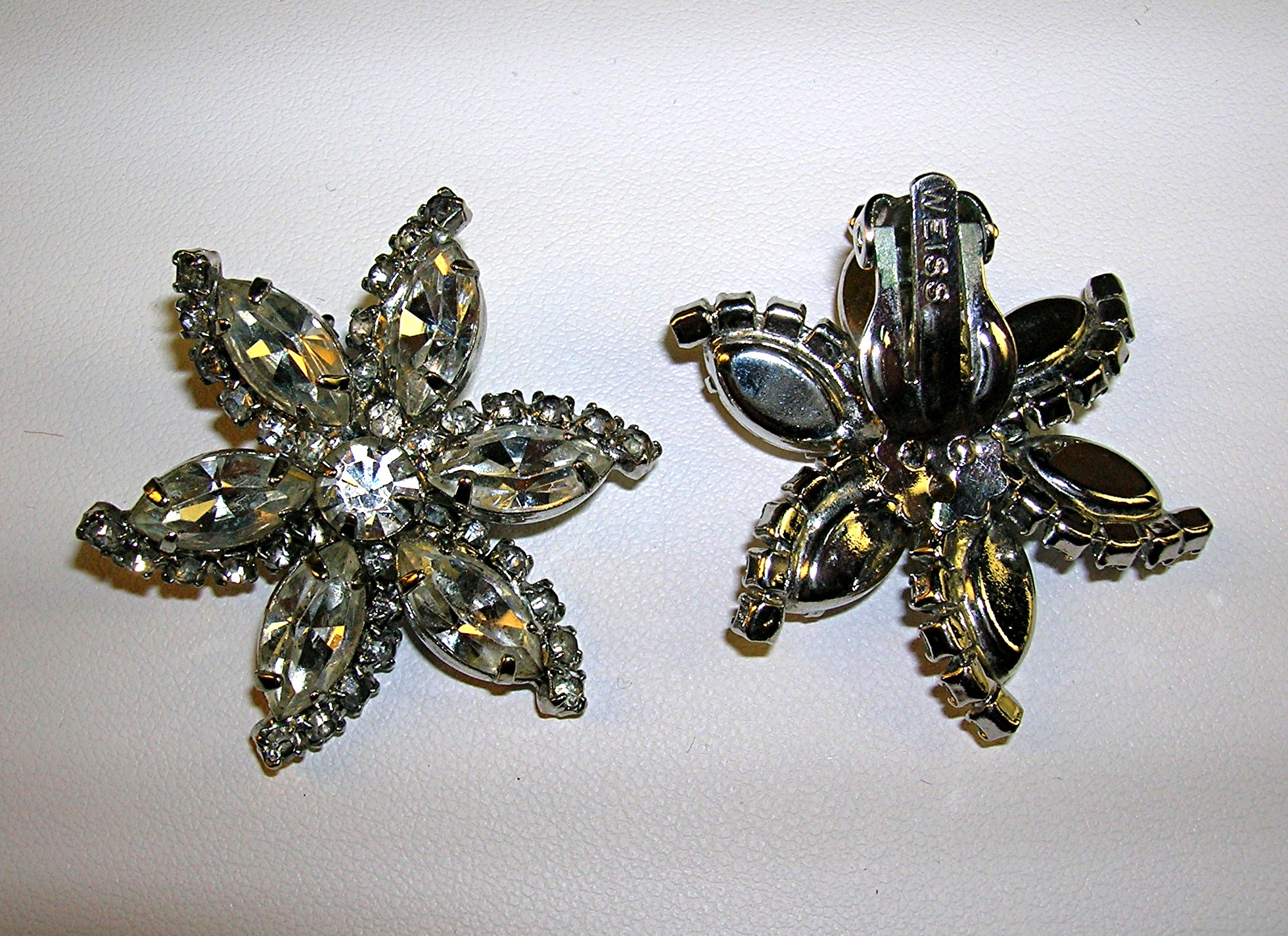 WEISS Crystal Silverf Flower Clip Earrings