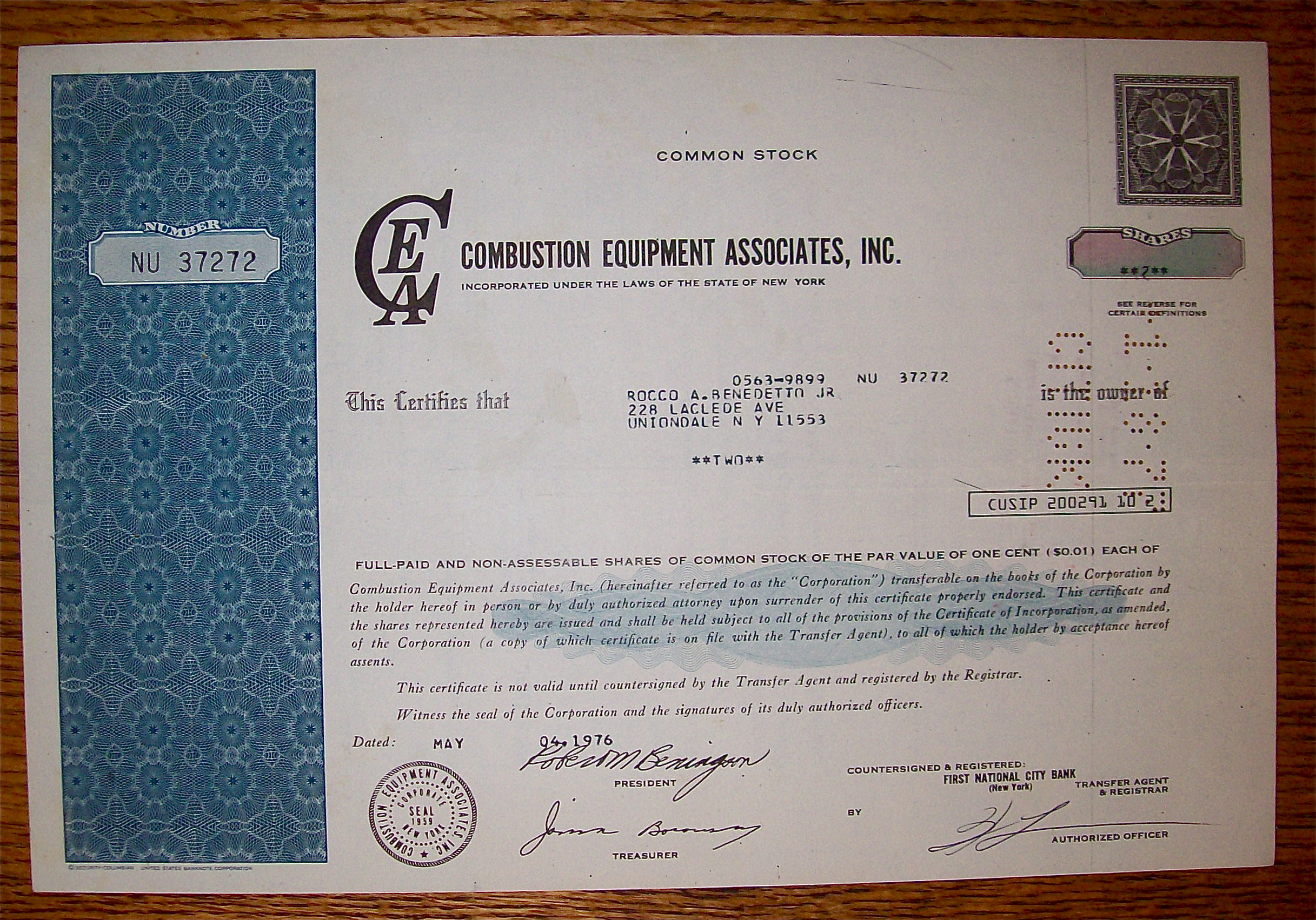 1976 Combustion Equipment Associates Stock Certificate