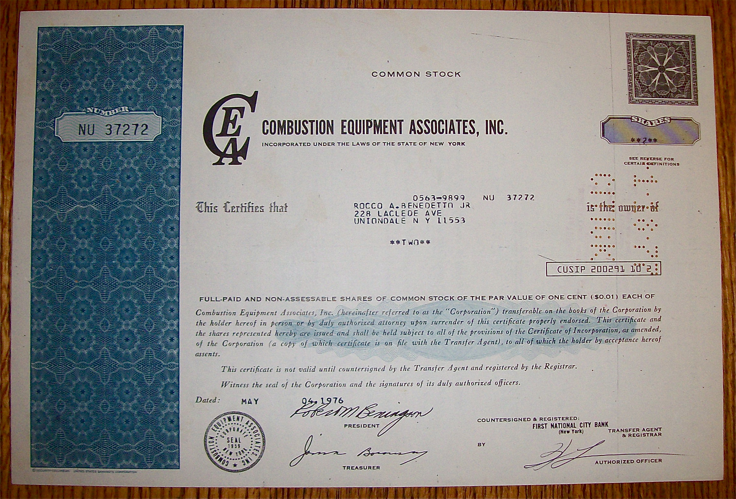1976 Combustion Equipment Associates Stock Certificate