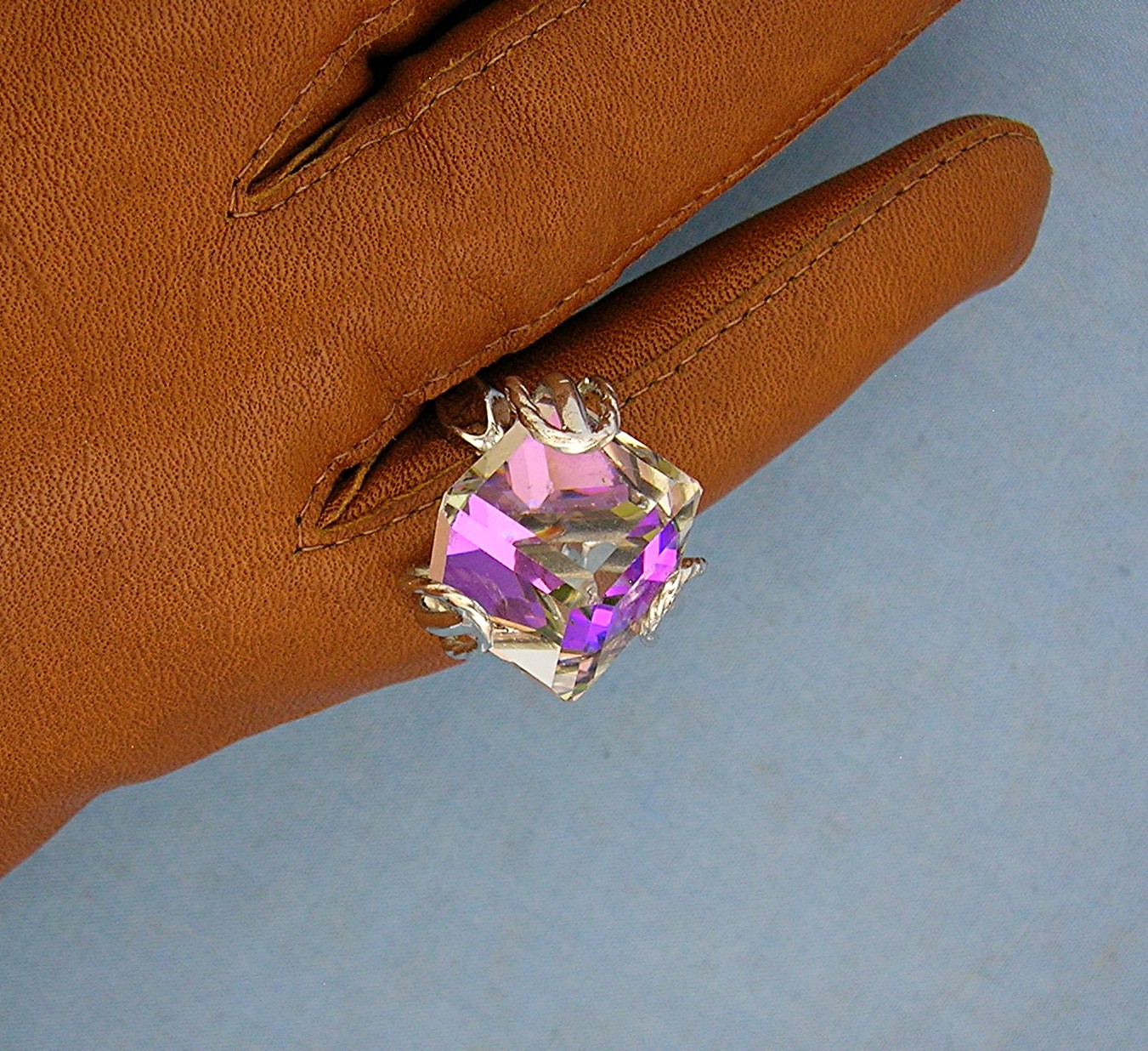 Sterling Silver Pink Purple Crystal Celebrity Ring 80s