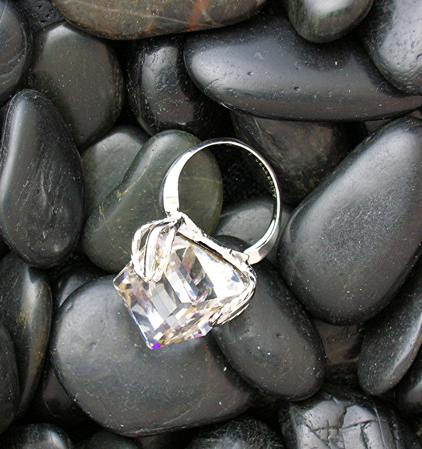Sterling Silver Pink Purple Crystal Celebrity Ring 80s