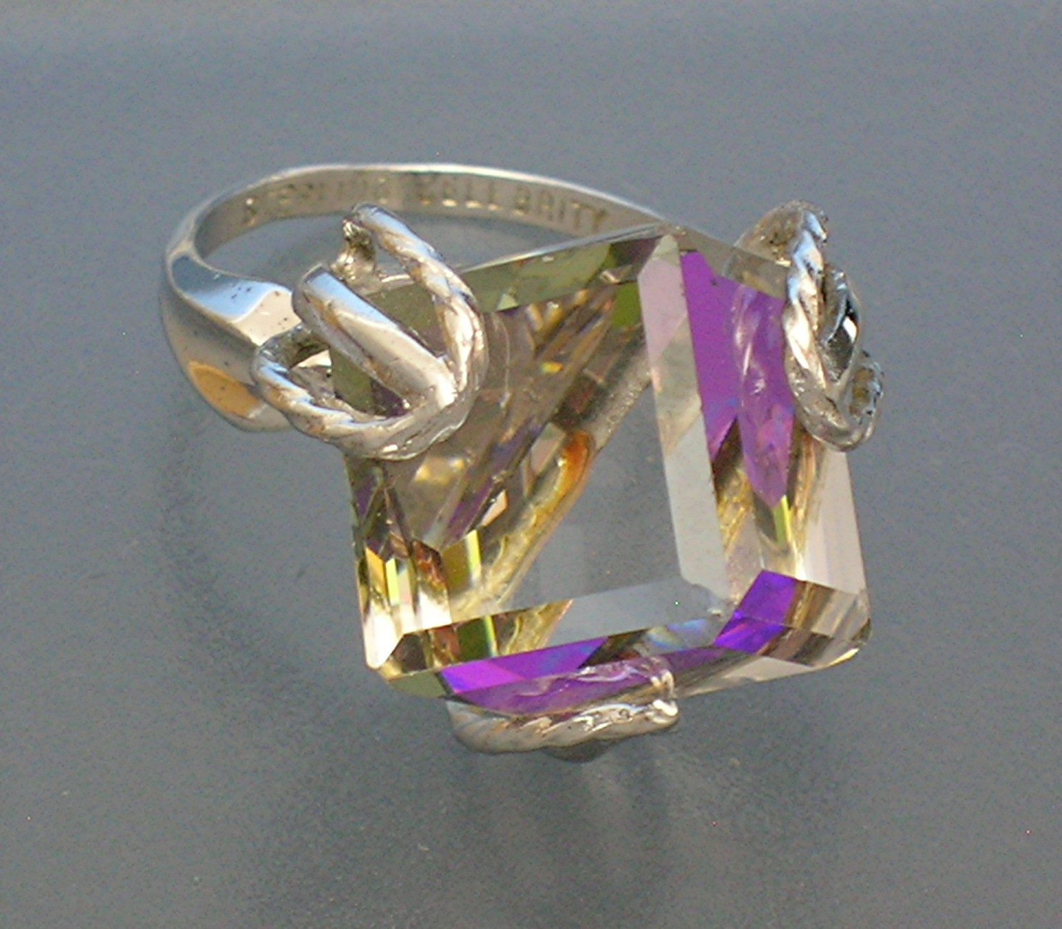 Sterling Silver Pink Purple Crystal Celebrity Ring 80s