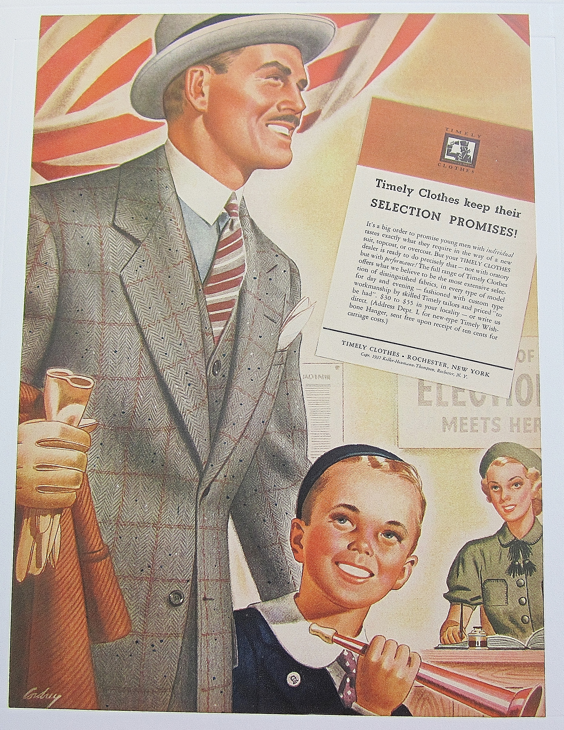 1937 Timely Clothes w Man & Boy With Horns at Election