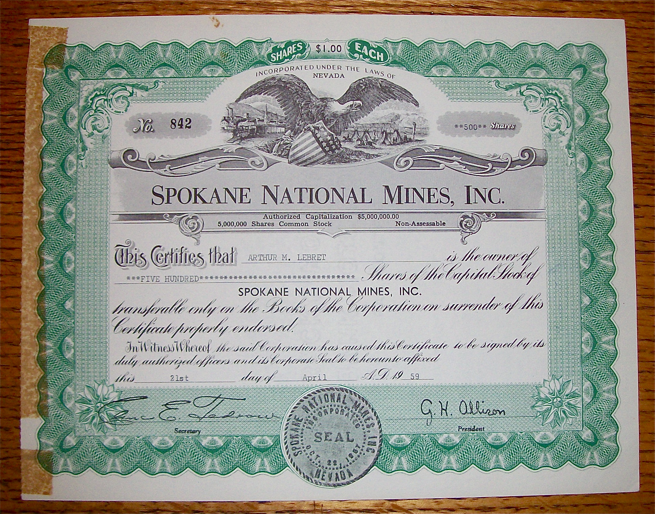 1959 Spokane National Mines Inc. Stock Certificate