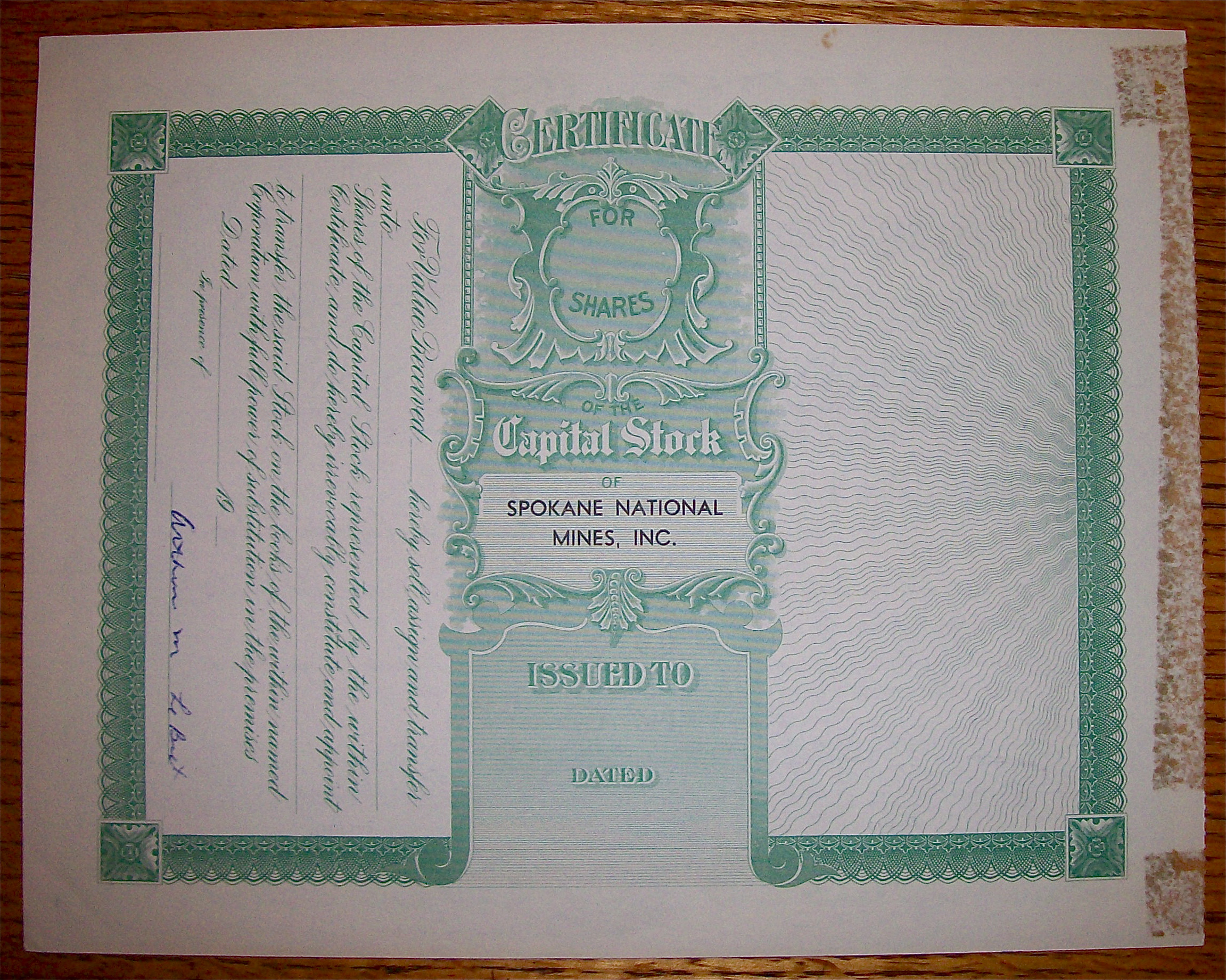 1959 Spokane National Mines Inc. Stock Certificate