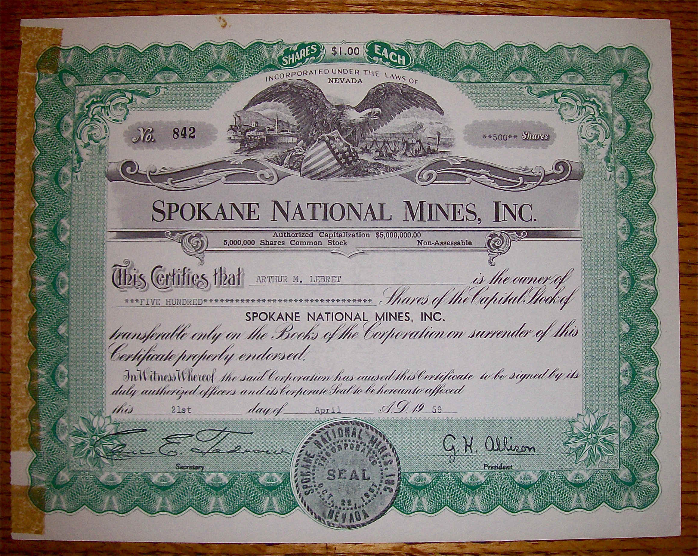 1959 Spokane National Mines Inc. Stock Certificate