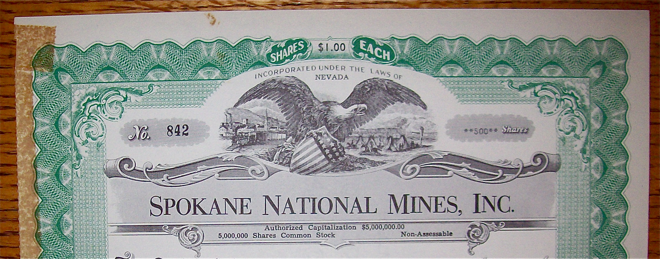 1959 Spokane National Mines Inc. Stock Certificate