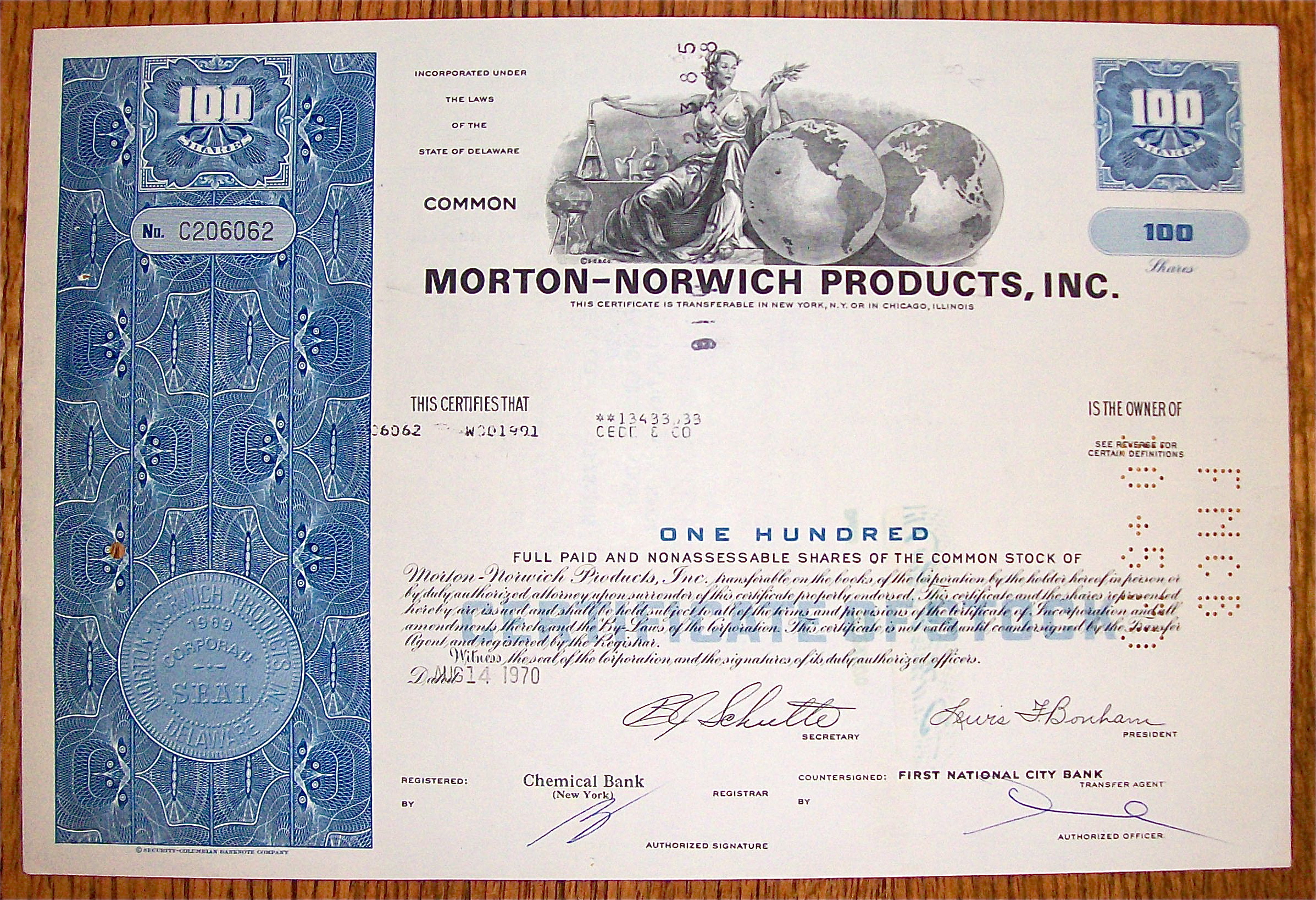1970 Morton-Norwich Products Stock Certificate