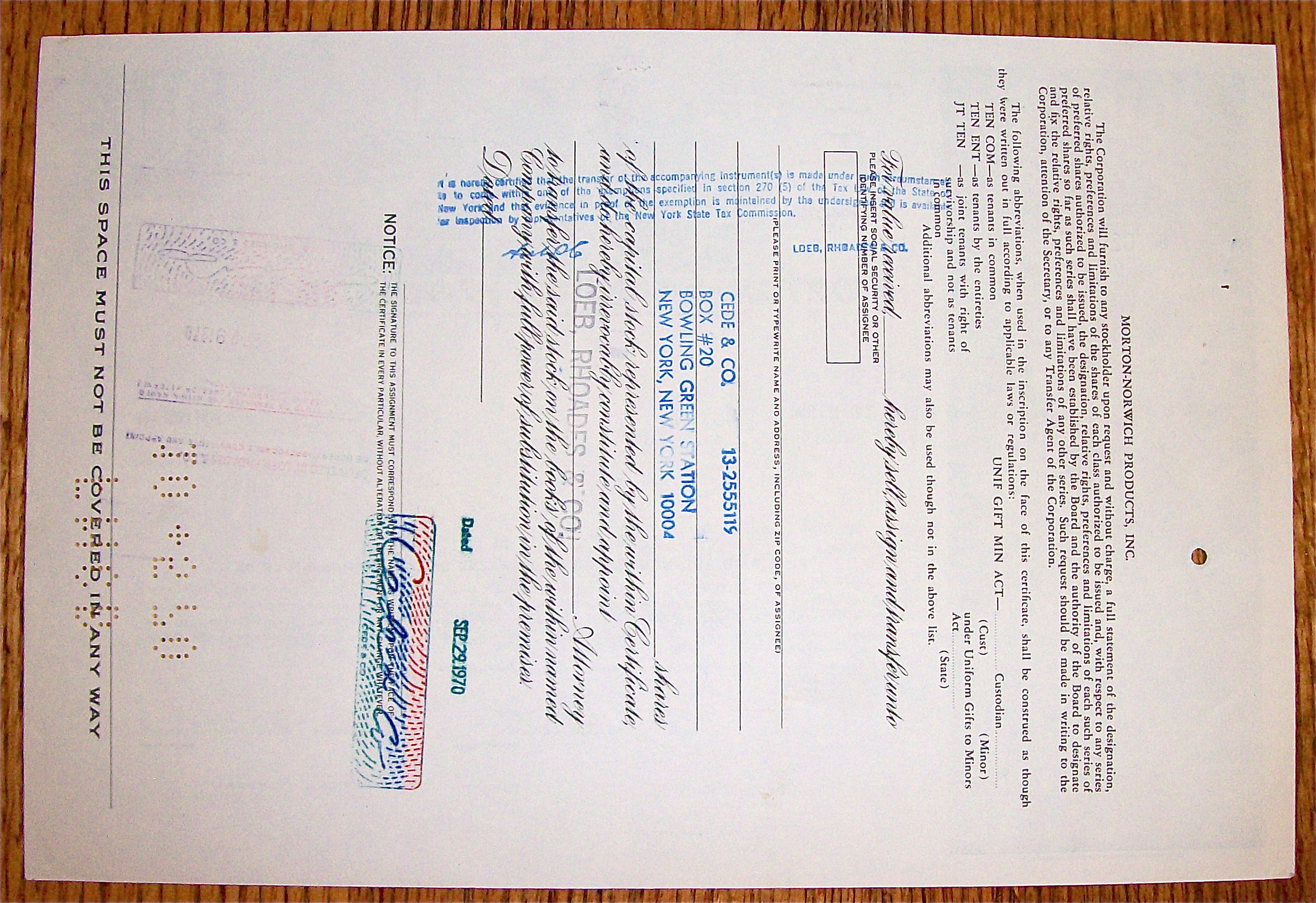 1970 Morton-Norwich Products Stock Certificate