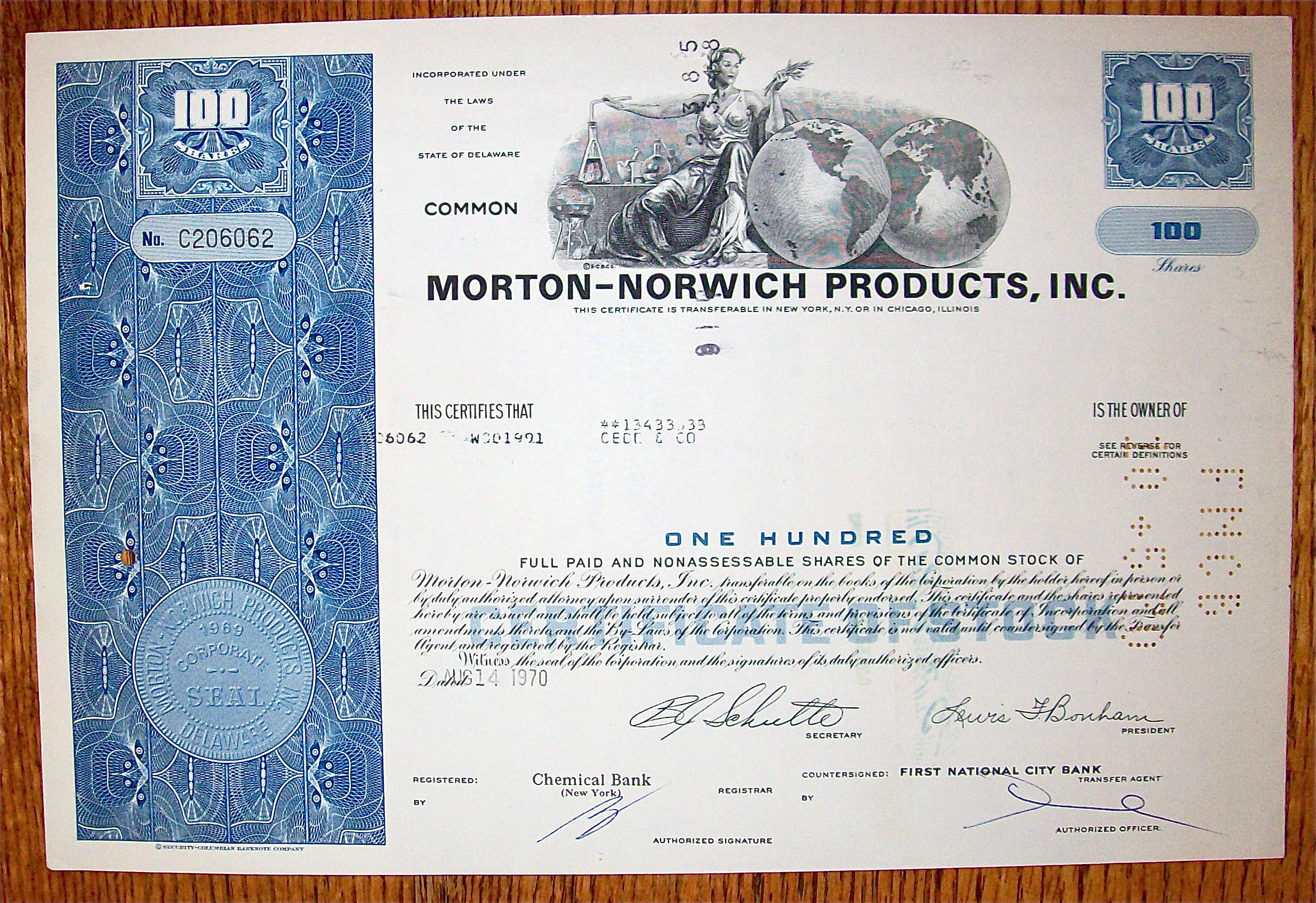 1970 Morton-Norwich Products Stock Certificate