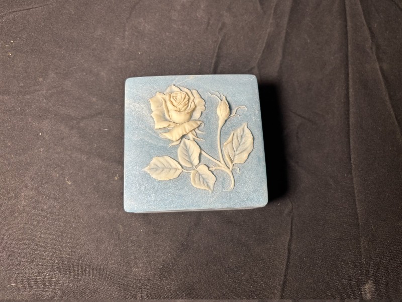 Vintage Blue & White Marbled Square Trinket Box with Raised Rose Design