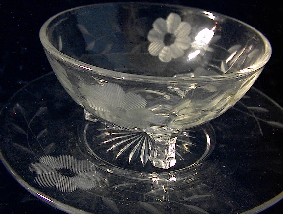 OLD Etched Glass Footed Dish and Plate