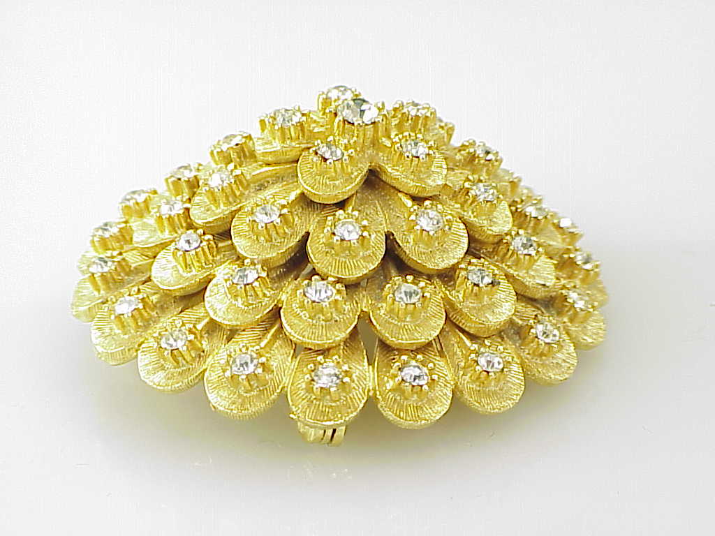 Vintage Brushed Gold Tone Clear Rhinestone Dome Brooch