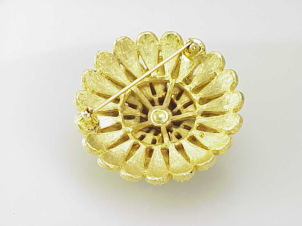 Vintage Brushed Gold Tone Clear Rhinestone Dome Brooch
