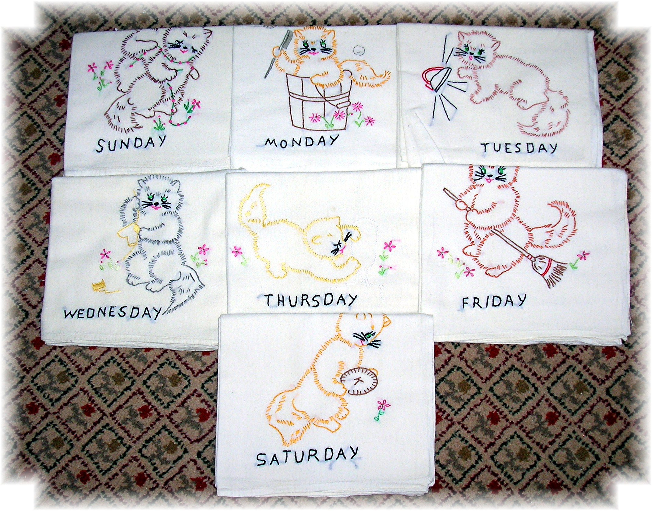 7 Hand Embroidered Kitty Kat Tea Towels