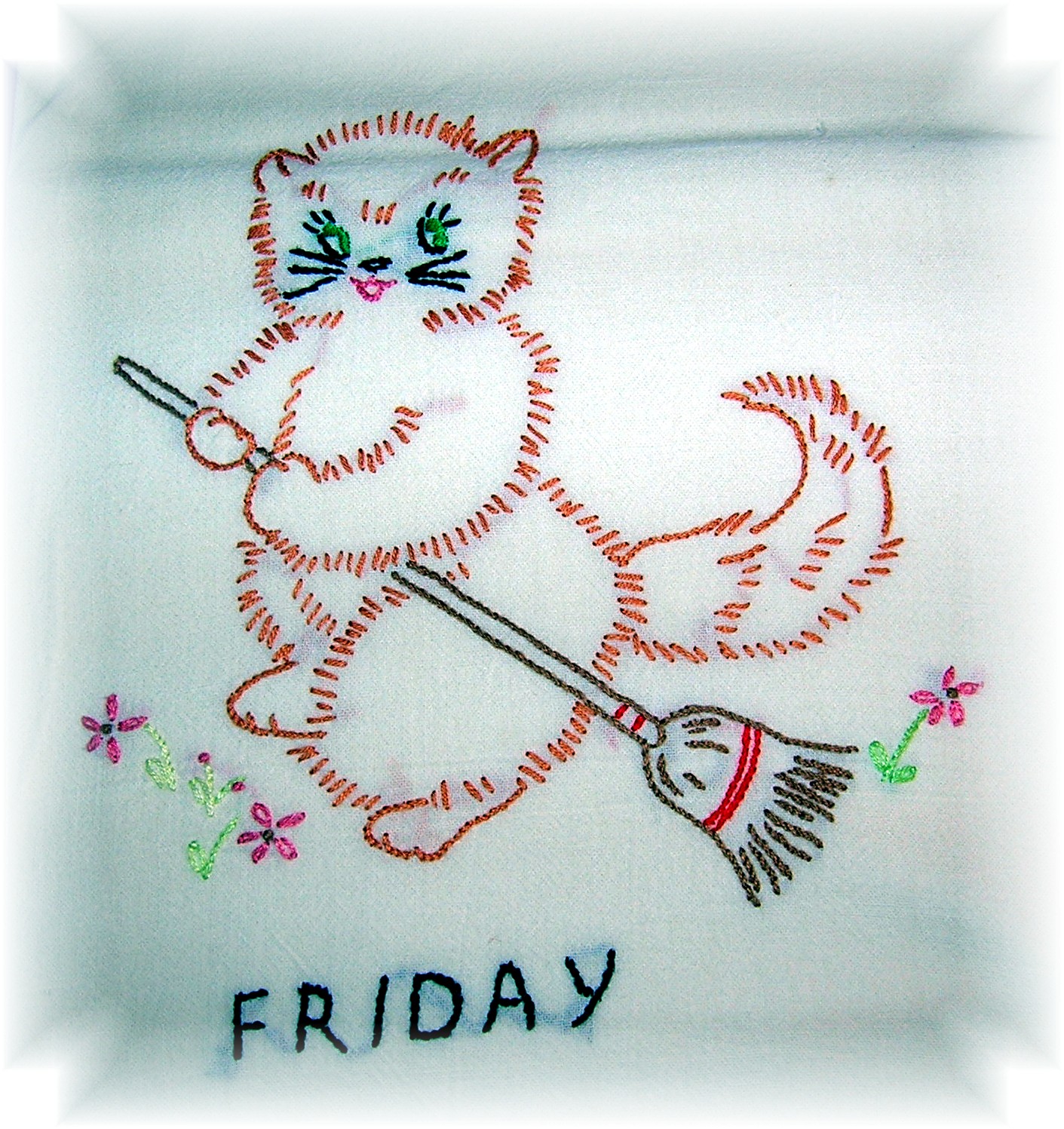 7 Hand Embroidered Kitty Kat Tea Towels