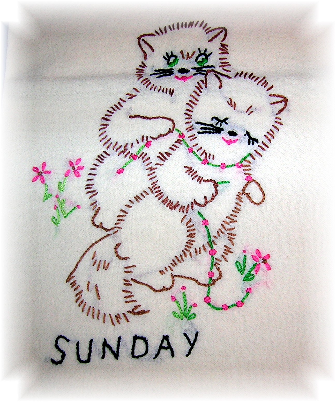 7 Hand Embroidered Kitty Kat Tea Towels