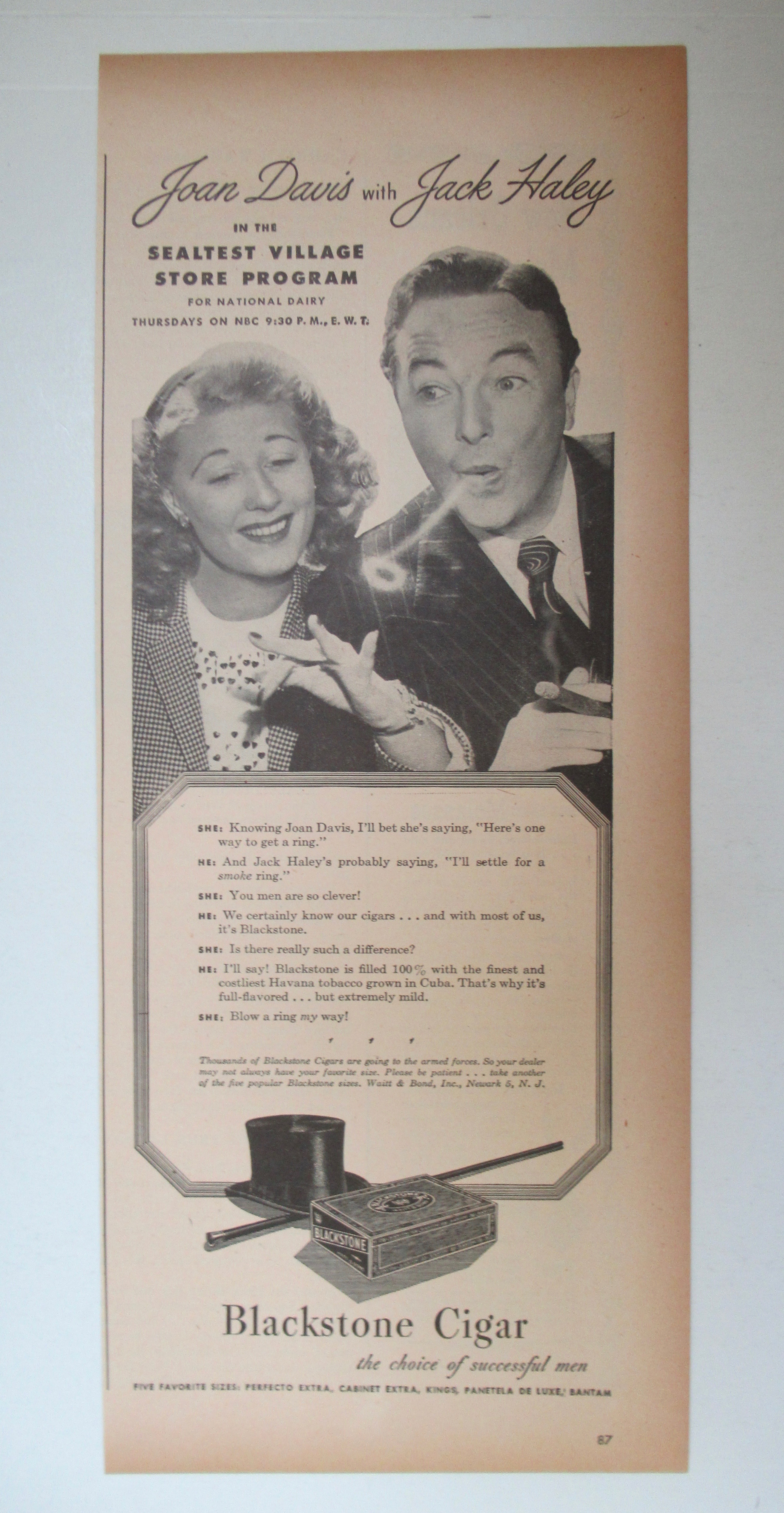 1945 Blackstone Cigars with Jack Haley & Joan Davis