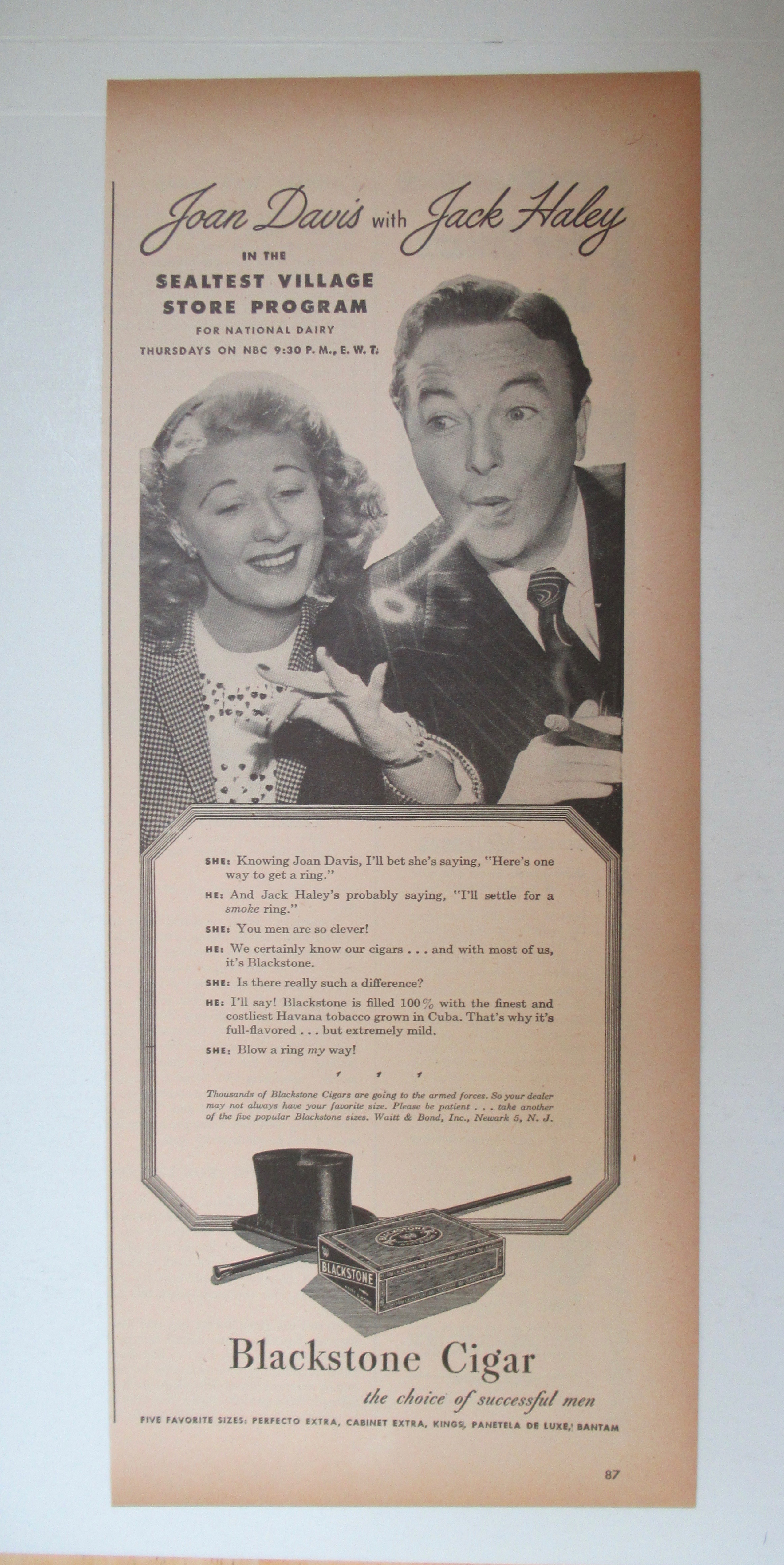 1945 Blackstone Cigars with Jack Haley & Joan Davis