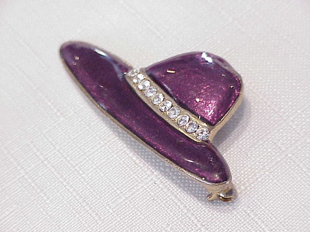 Purple Enamel And Rhinestone Ladies Hat Brooch Or Pin