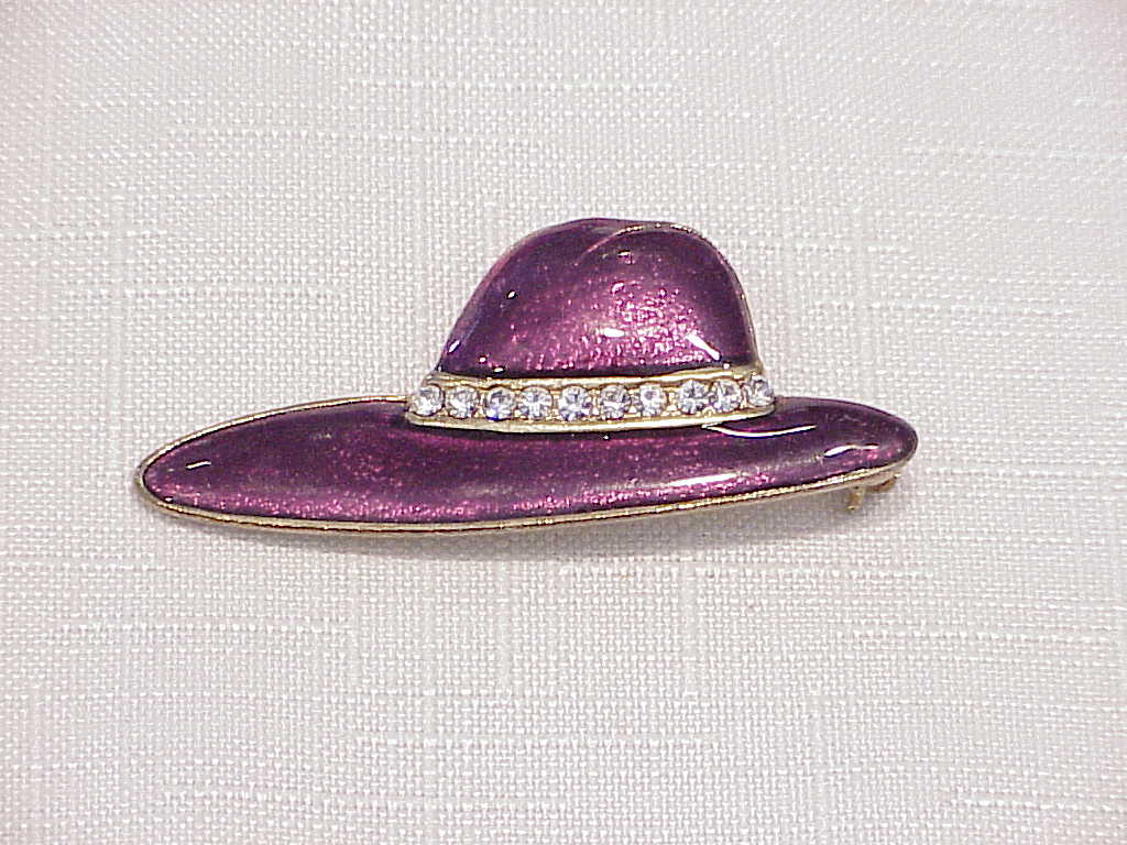 Purple Enamel And Rhinestone Ladies Hat Brooch Or Pin