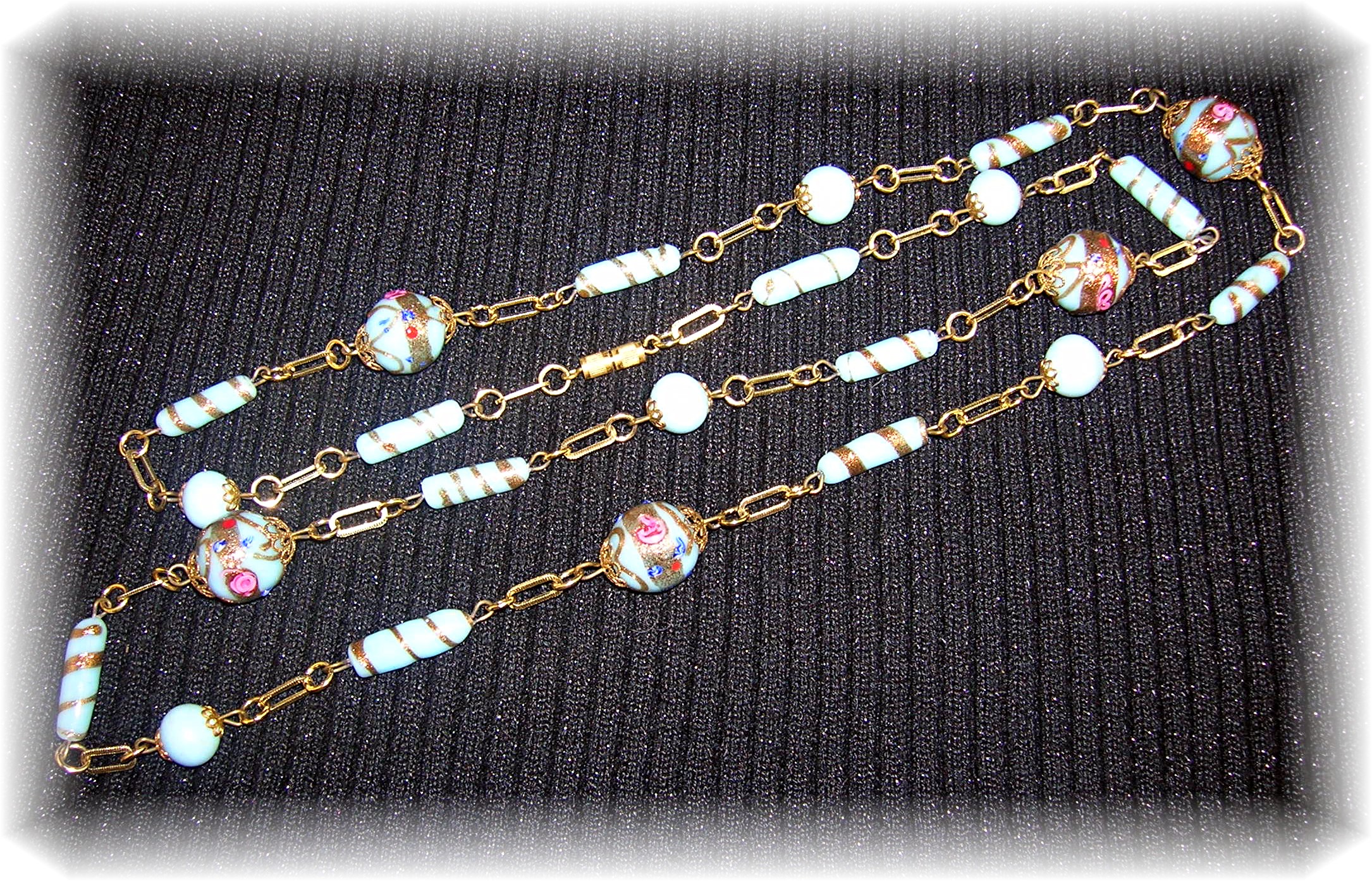 Vintage Venetian Blue and Gold Glass Bead Necklace