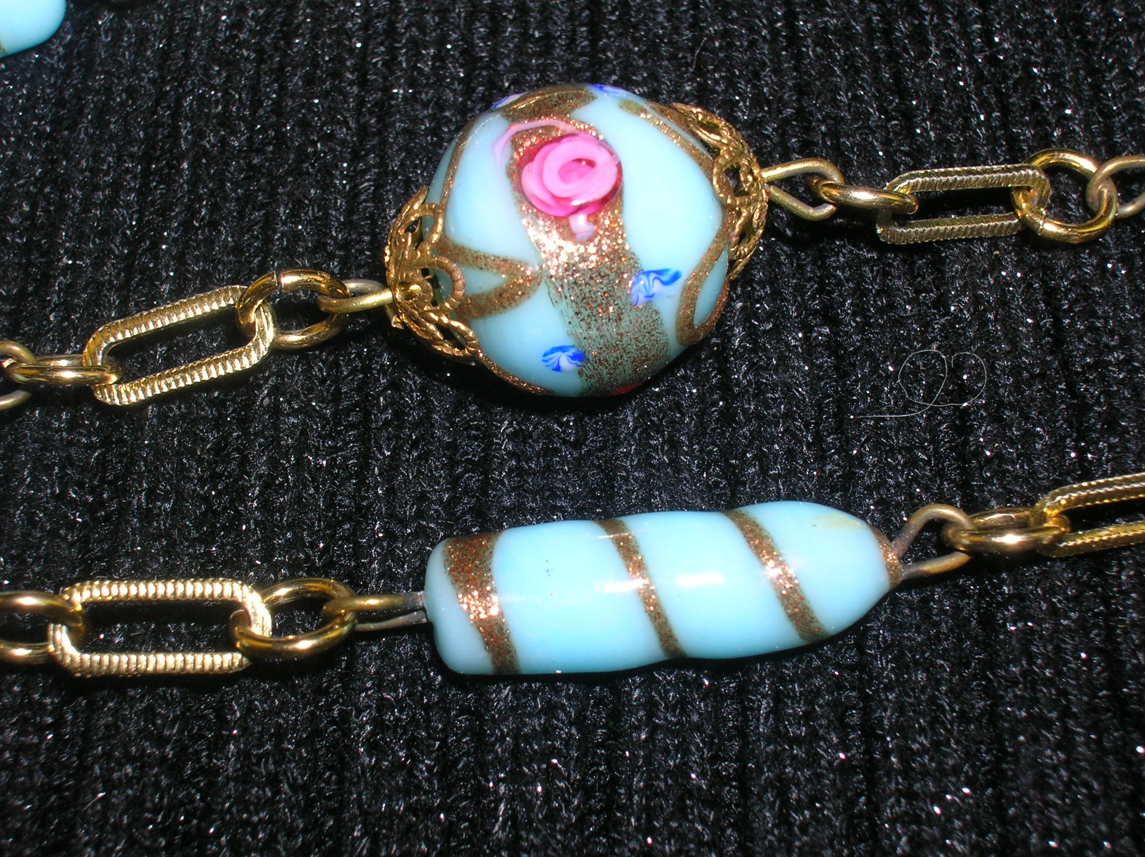 Vintage Venetian Blue and Gold Glass Bead Necklace