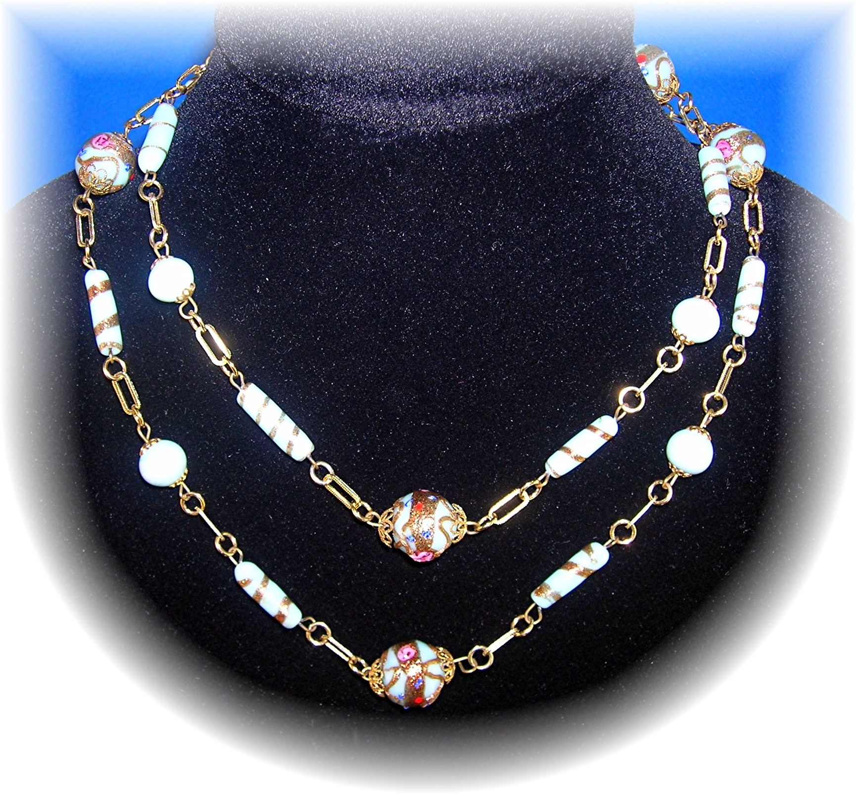 Vintage Venetian Blue and Gold Glass Bead Necklace