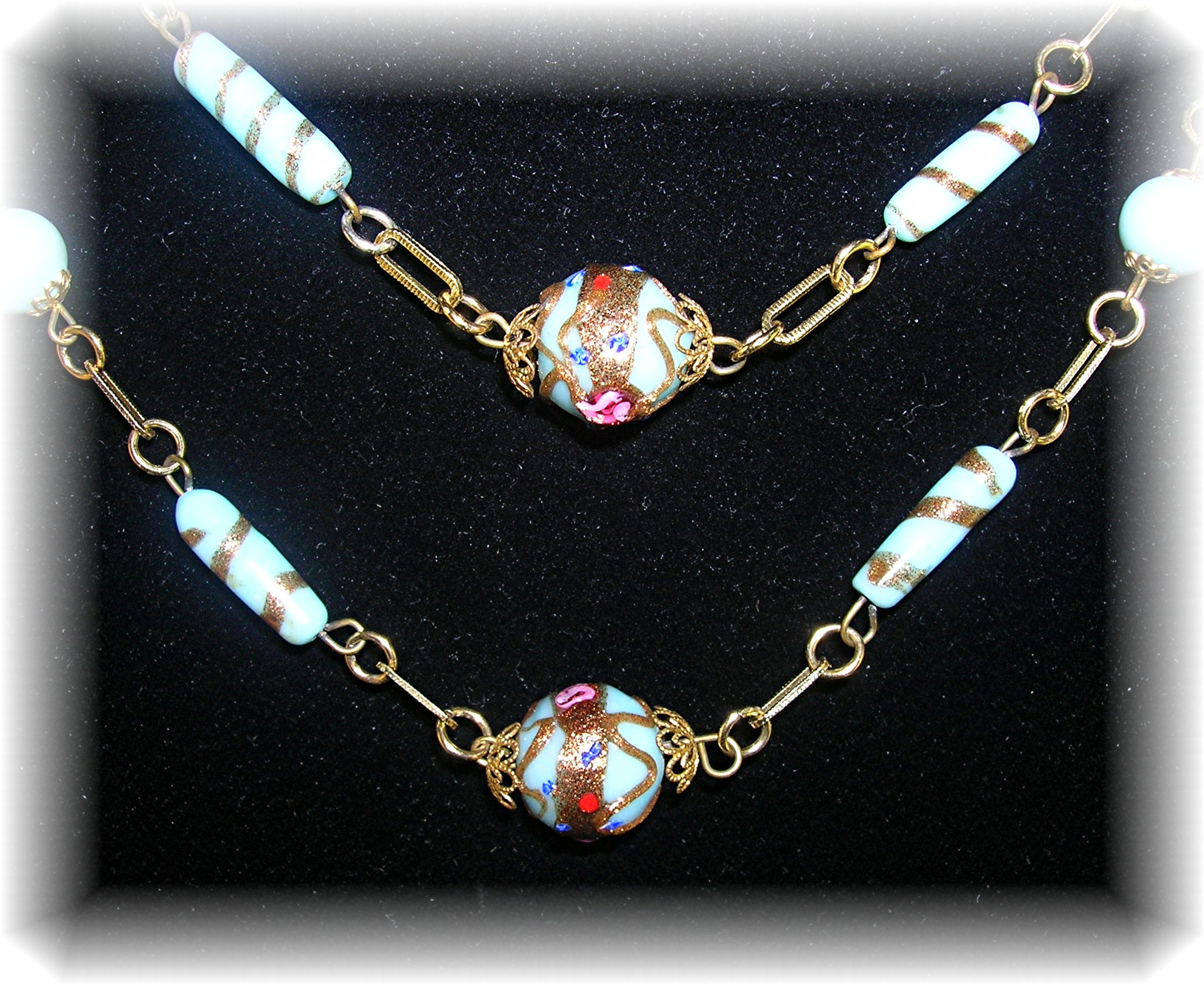 Vintage Venetian Blue and Gold Glass Bead Necklace