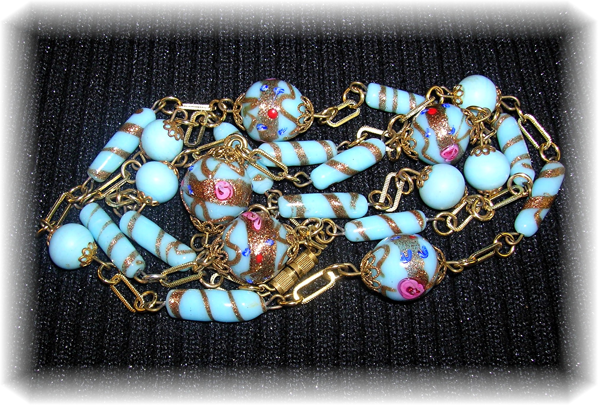 Vintage Venetian Blue and Gold Glass Bead Necklace
