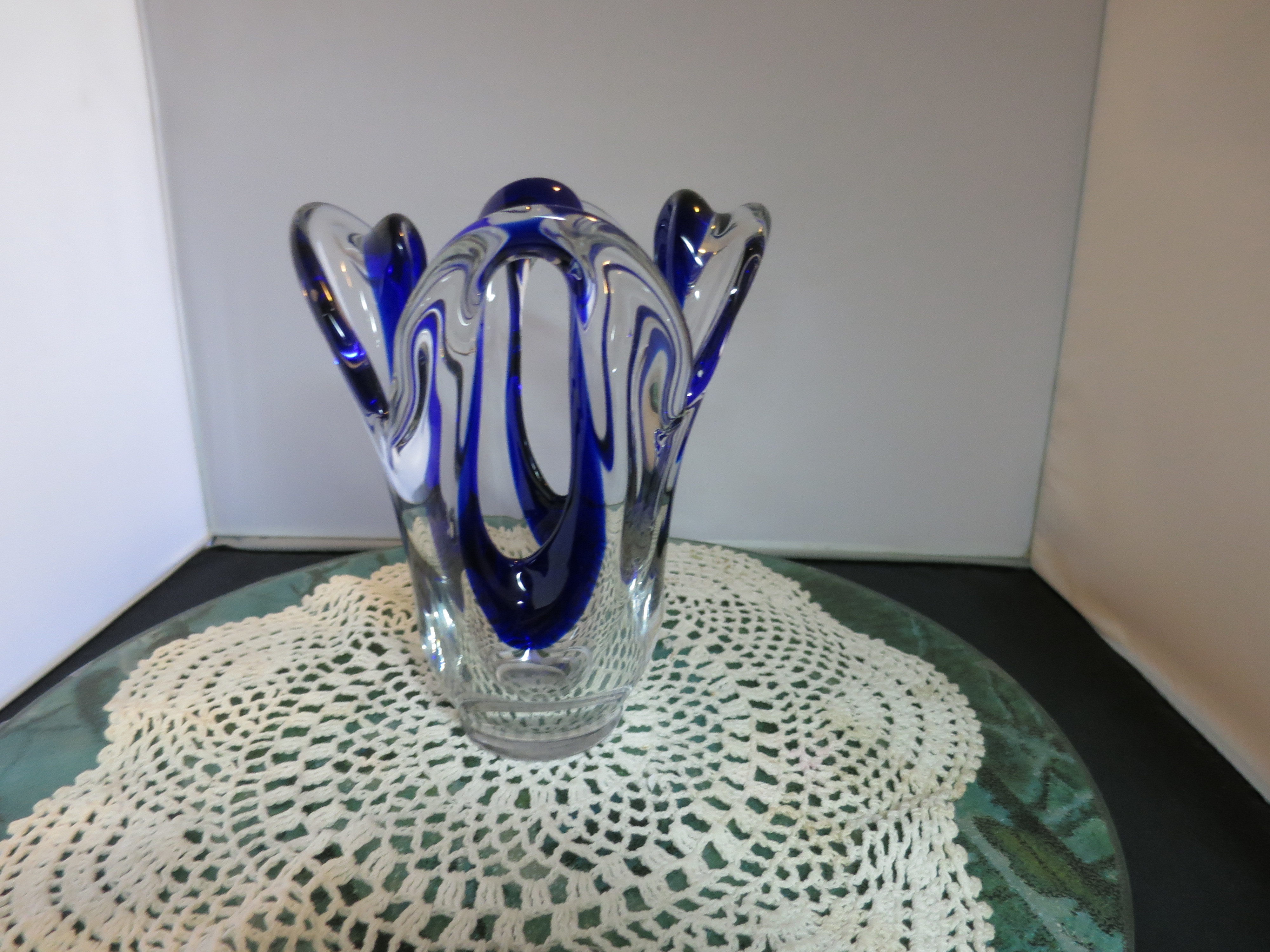 Art Glass Vase Open sides Clear with Cobalt Blue 7.5 inches