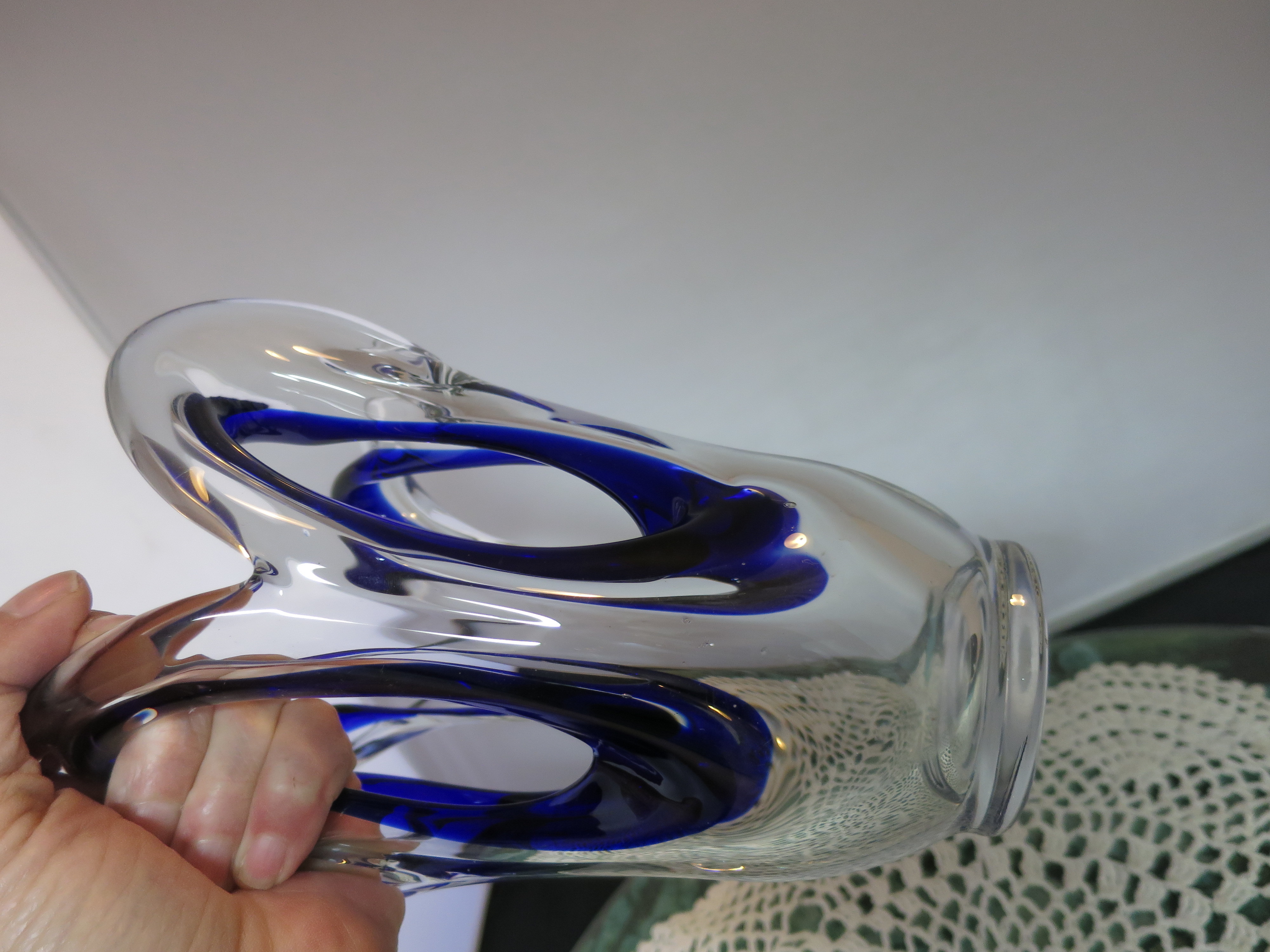 Art Glass Vase Open sides Clear with Cobalt Blue 7.5 inches