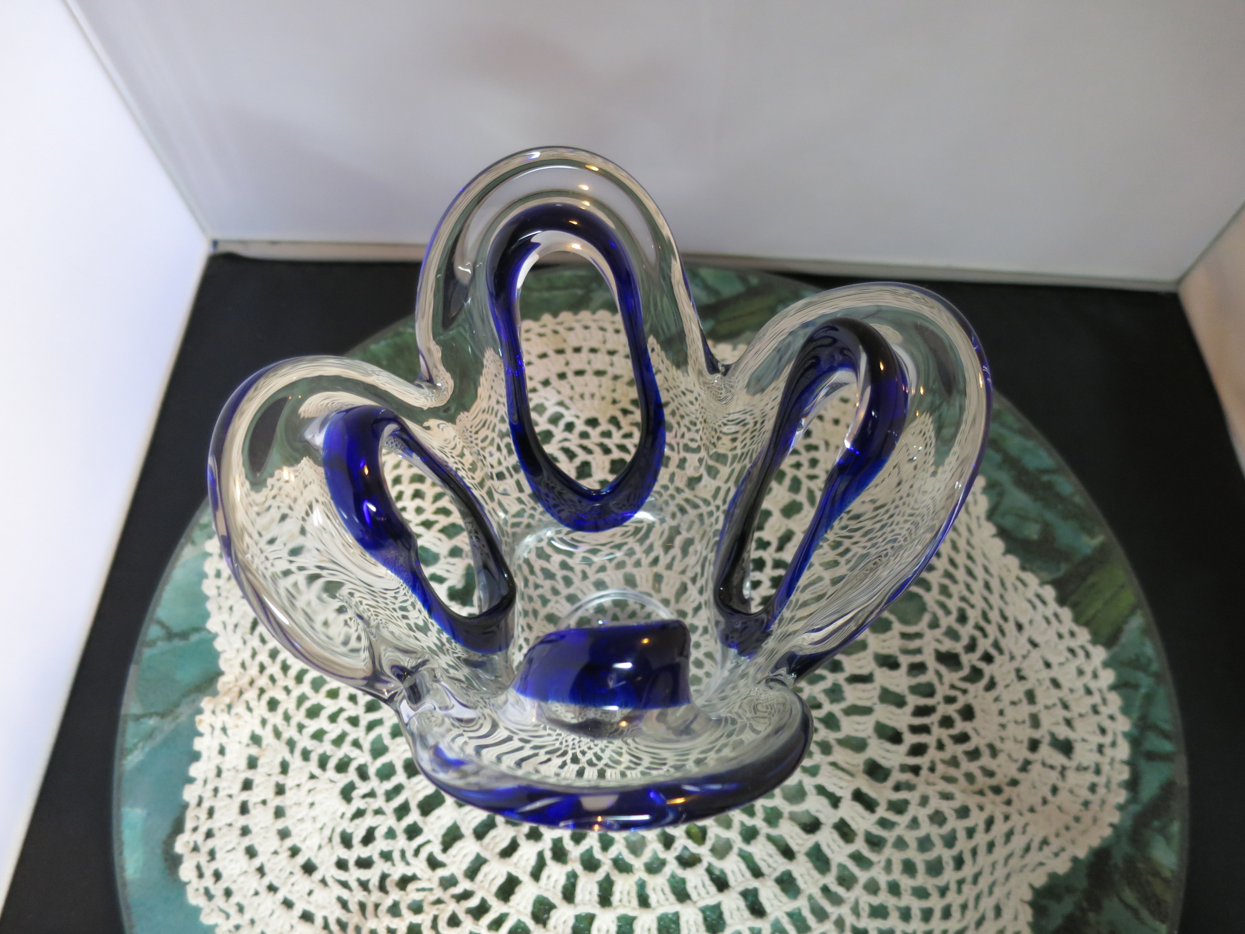 Art Glass Vase Open sides Clear with Cobalt Blue 7.5 inches
