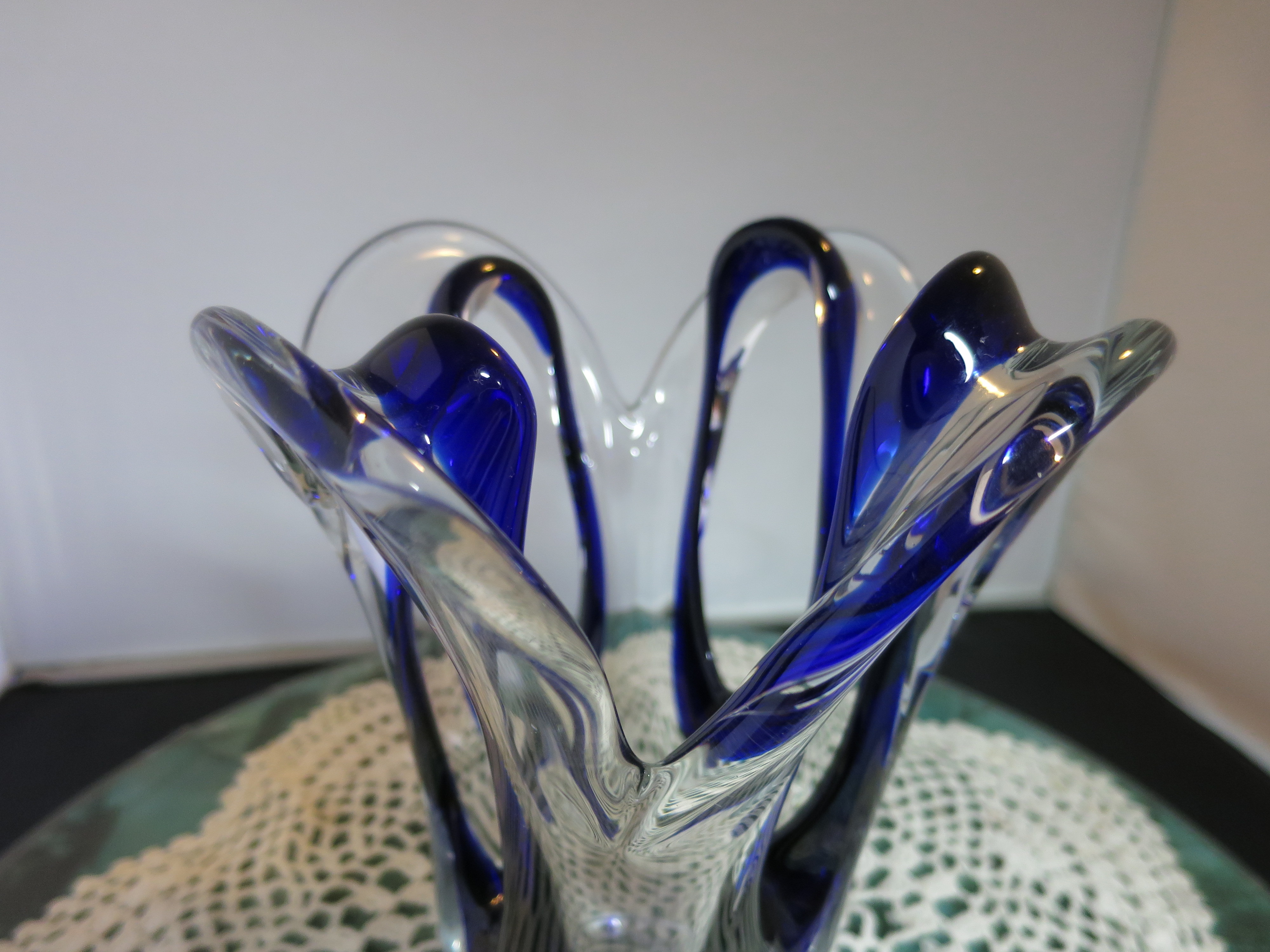 Art Glass Vase Open sides Clear with Cobalt Blue 7.5 inches