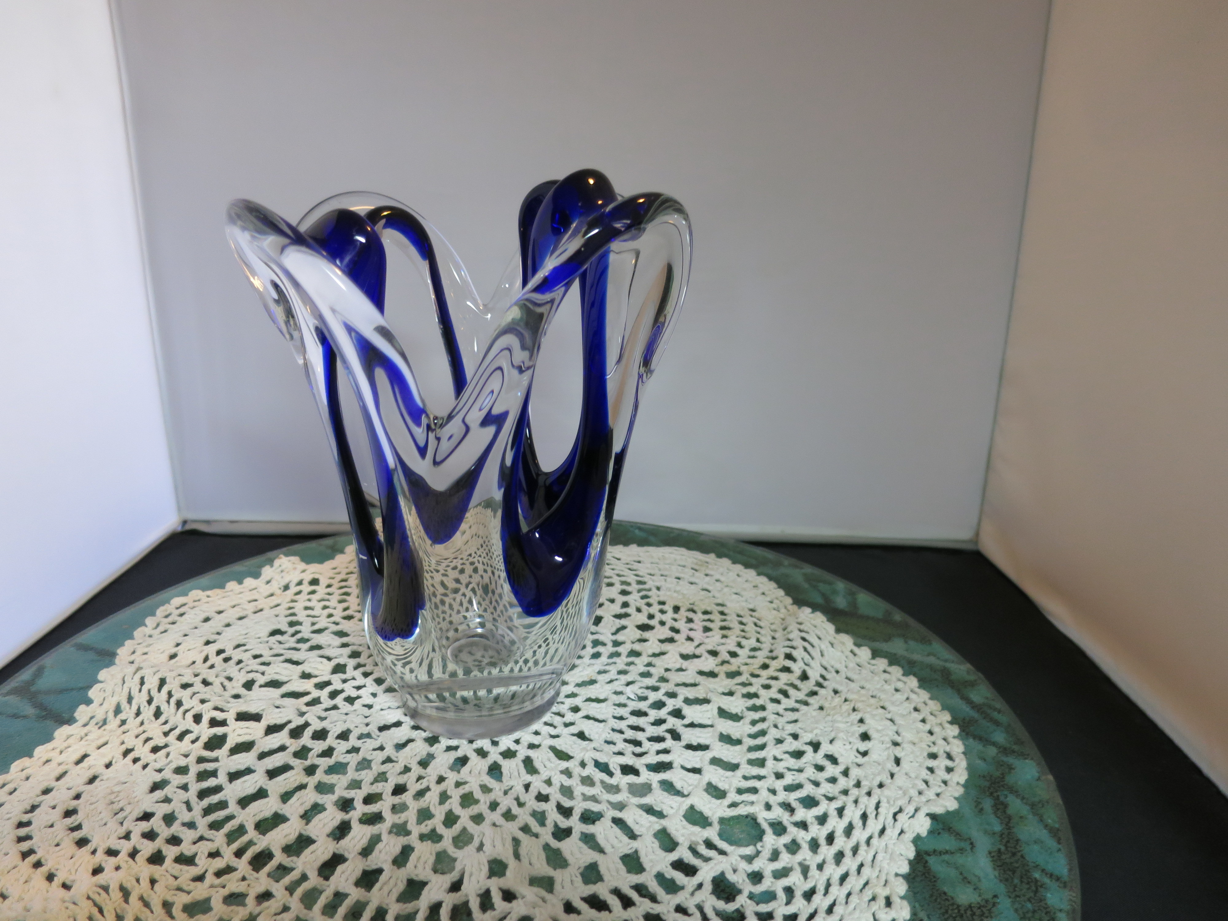 Art Glass Vase Open sides Clear with Cobalt Blue 7.5 inches