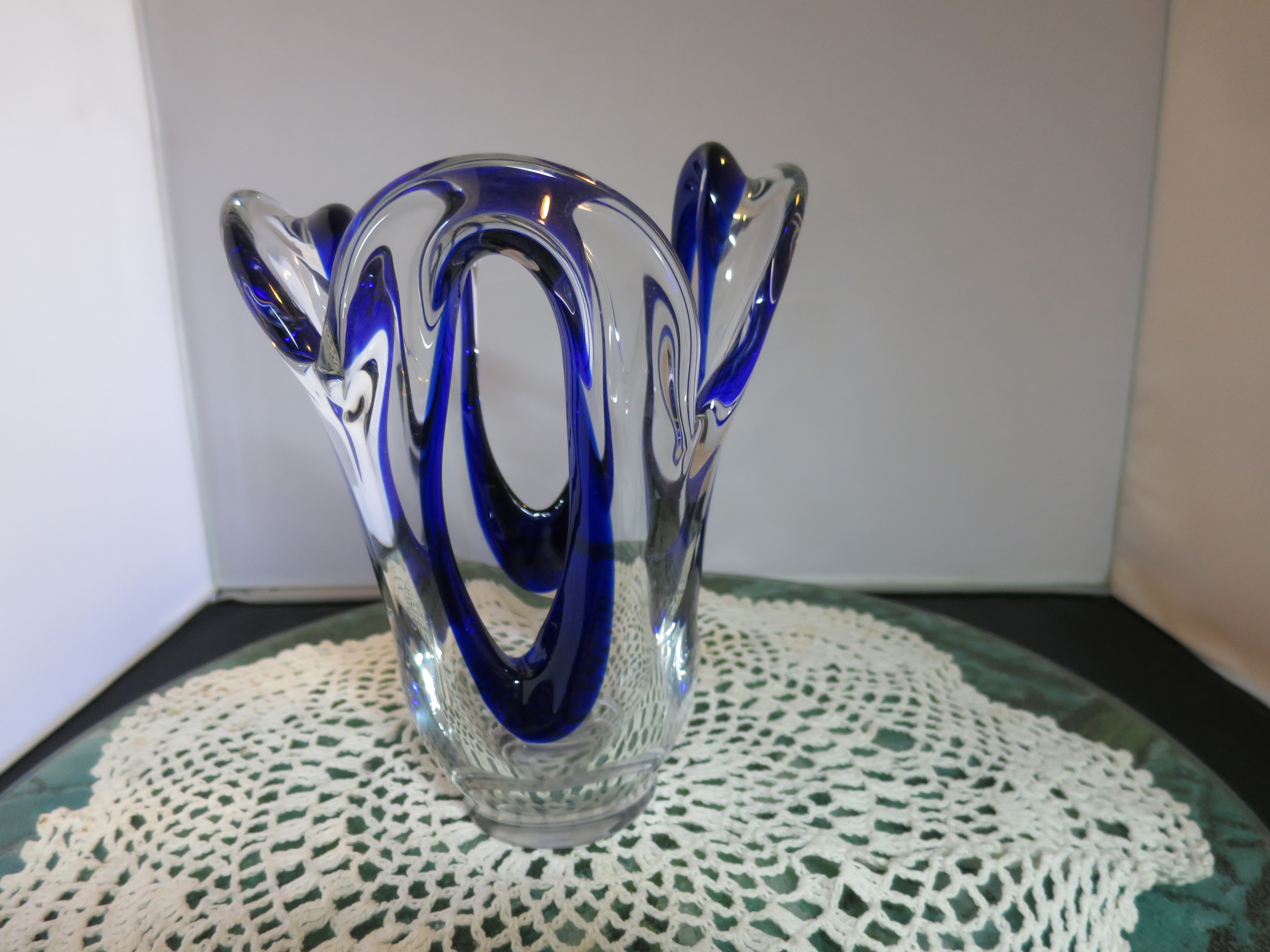 Art Glass Vase Open sides Clear with Cobalt Blue 7.5 inches
